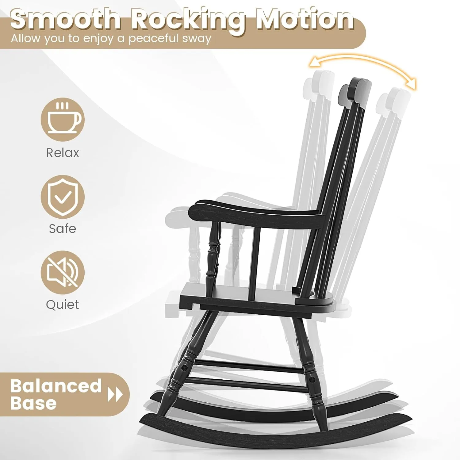 Giantex Outdoor Wood Rocking Chair - Patio Rocking Chair with Solid Rubber Wood Frame, Slat Back, Outside & Indoor Rocker for Garden, Poolside, Balcony, Backyard, Lawn, Front Porch Rocker, Black