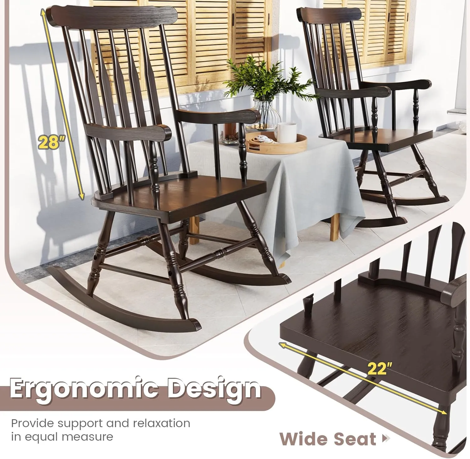 Giantex Outdoor Wood Rocking Chair - Patio Rocking Chair with Solid Rubber Wood Frame, Slat Back, Outside & Indoor Rocker for Garden, Poolside, Balcony, Backyard, Lawn, Front Porch Rocker, Dark Coffee