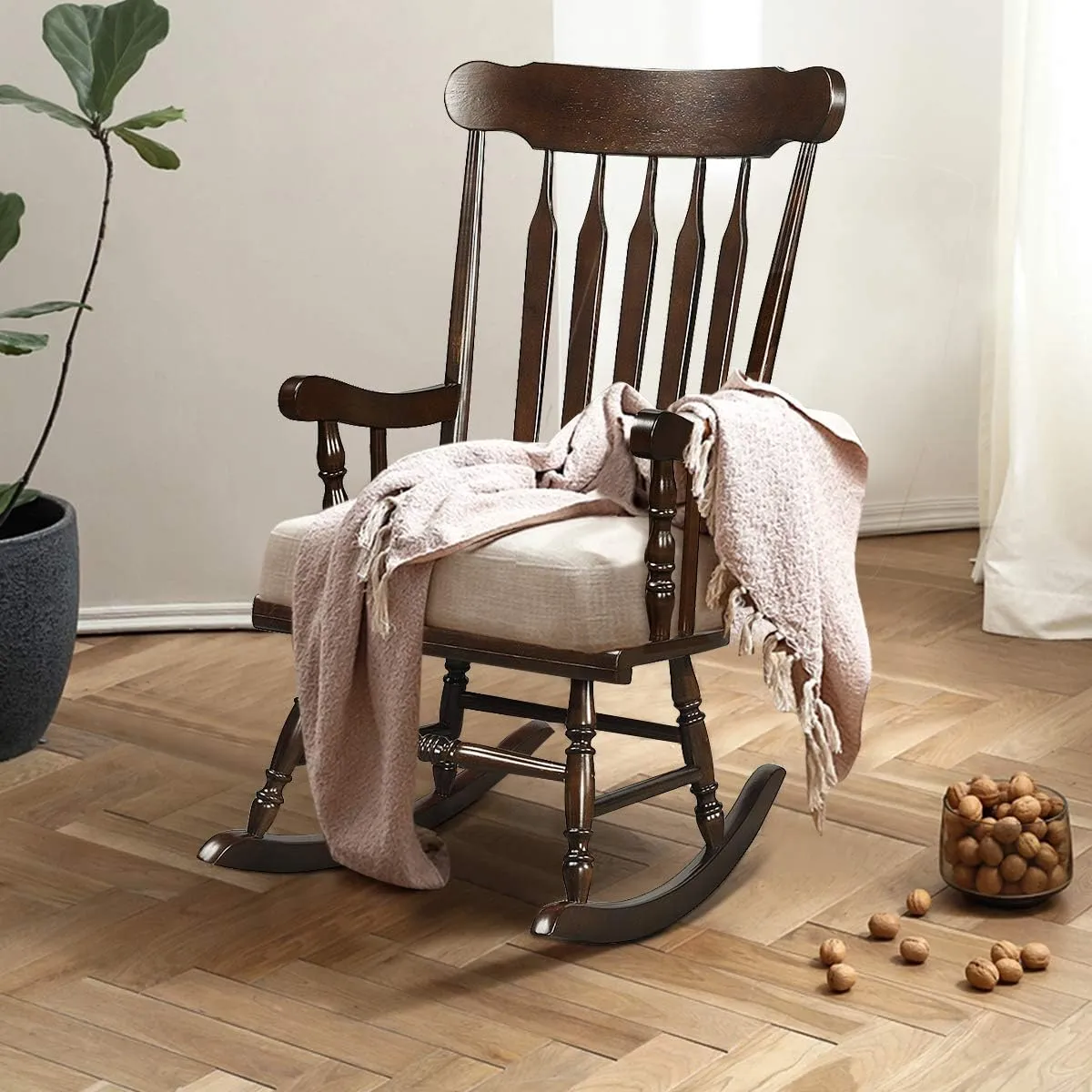 Giantex Outdoor Wood Rocking Chair - Patio Rocking Chair with Solid Rubber Wood Frame, Slat Back, Outside & Indoor Rocker for Garden, Poolside, Balcony, Backyard, Lawn, Front Porch Rocker, Dark Coffee