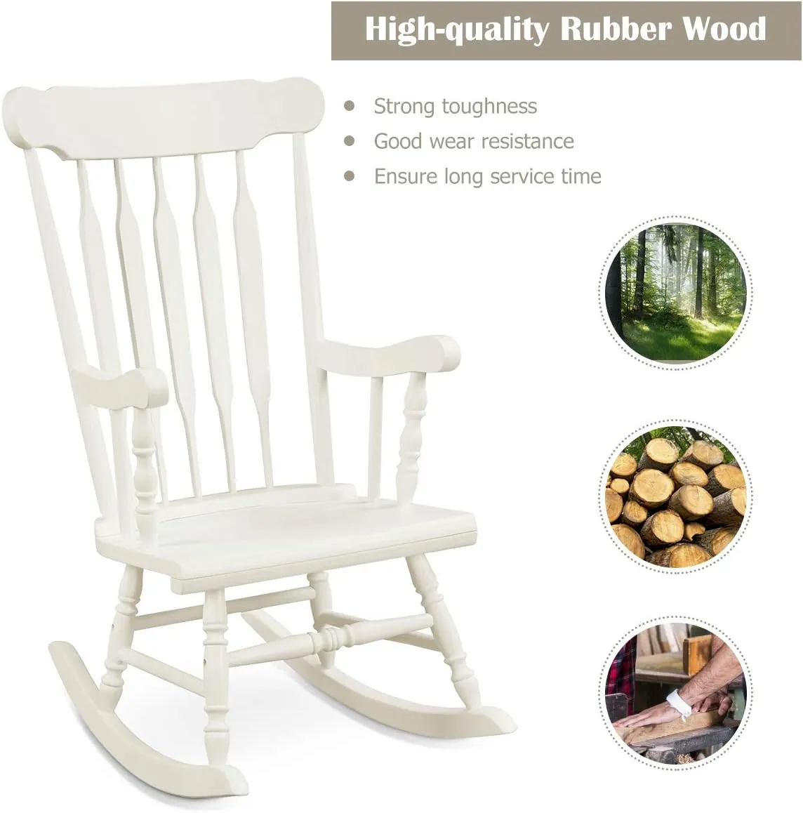 Giantex Outdoor Wood Rocking Chair - Patio Rocking Chair with Solid Rubber Wood Frame, Slat Back, Outside & Indoor Rocker for Garden, Poolside, Balcony, Backyard, Lawn, Front Porch Rocker, White