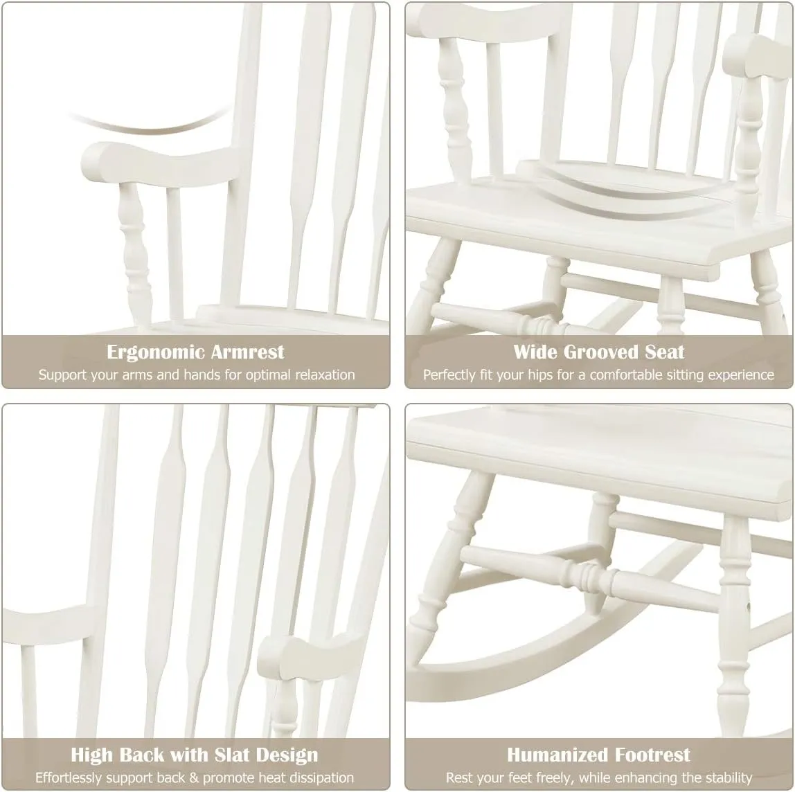 Giantex Outdoor Wood Rocking Chair - Patio Rocking Chair with Solid Rubber Wood Frame, Slat Back, Outside & Indoor Rocker for Garden, Poolside, Balcony, Backyard, Lawn, Front Porch Rocker, White