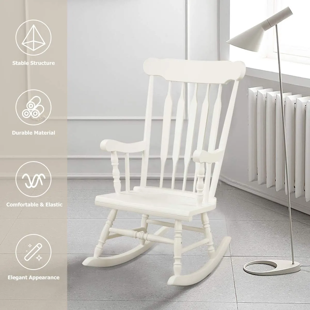 Giantex Outdoor Wood Rocking Chair - Patio Rocking Chair with Solid Rubber Wood Frame, Slat Back, Outside & Indoor Rocker for Garden, Poolside, Balcony, Backyard, Lawn, Front Porch Rocker, White
