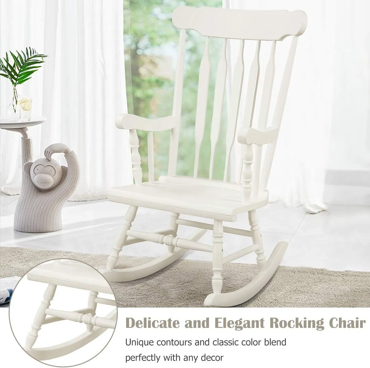 Giantex Outdoor Wood Rocking Chair - Patio Rocking Chair with Solid Rubber Wood Frame, Slat Back, Outside & Indoor Rocker for Garden, Poolside, Balcony, Backyard, Lawn, Front Porch Rocker, White