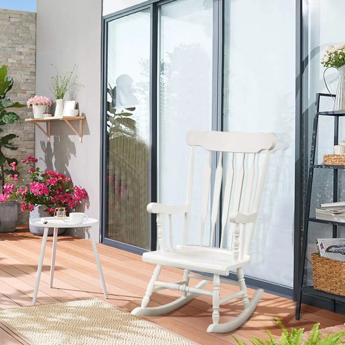 Giantex Outdoor Wood Rocking Chair - Patio Rocking Chair with Solid Rubber Wood Frame, Slat Back, Outside & Indoor Rocker for Garden, Poolside, Balcony, Backyard, Lawn, Front Porch Rocker, White