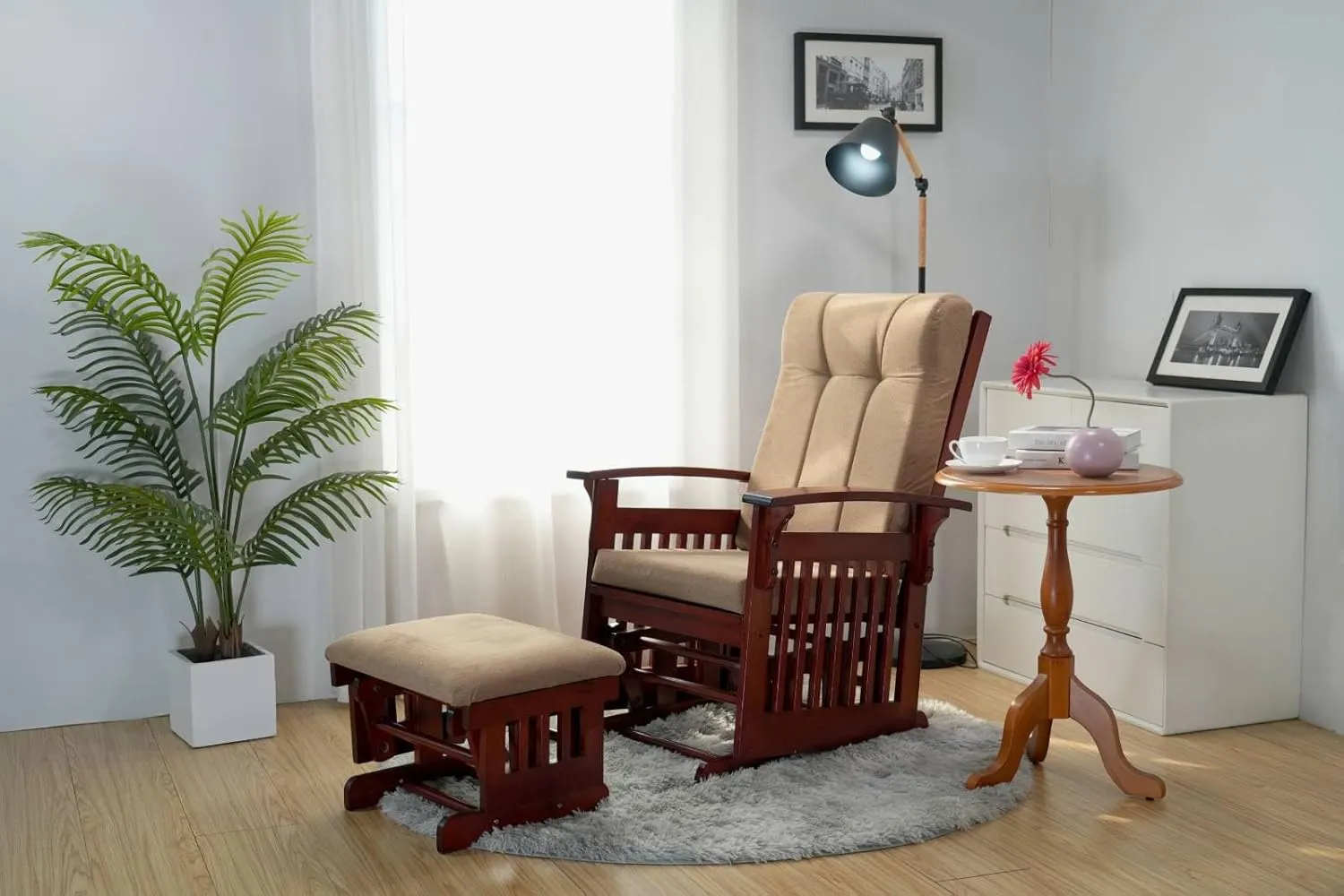 Glider Rocking Chair Nursery with Ottoman Smooth Rocking Motion, Easy to Assemble, Solid Hardwood Base Indoor Adult (Brown)