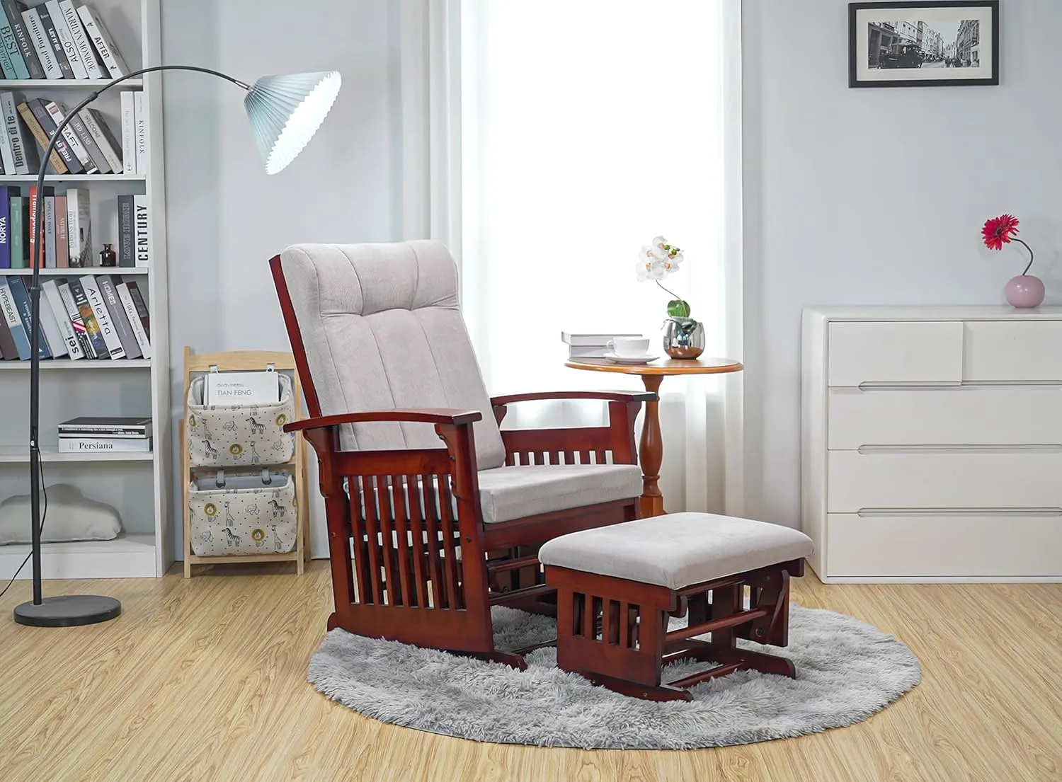 Glider Rocking Chair Nursery with Ottoman Smooth Rocking Motion, Easy to Assemble, Solid Hardwood Base Indoor Adult (White)