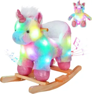 Glow Guards Rainbow Unicorn Rocking Horse with Chair Muical Light up Unicorn Stuffed Animal for Ages 1-3 Toddlers Kids Babies Ride Toy Birthday Christmas