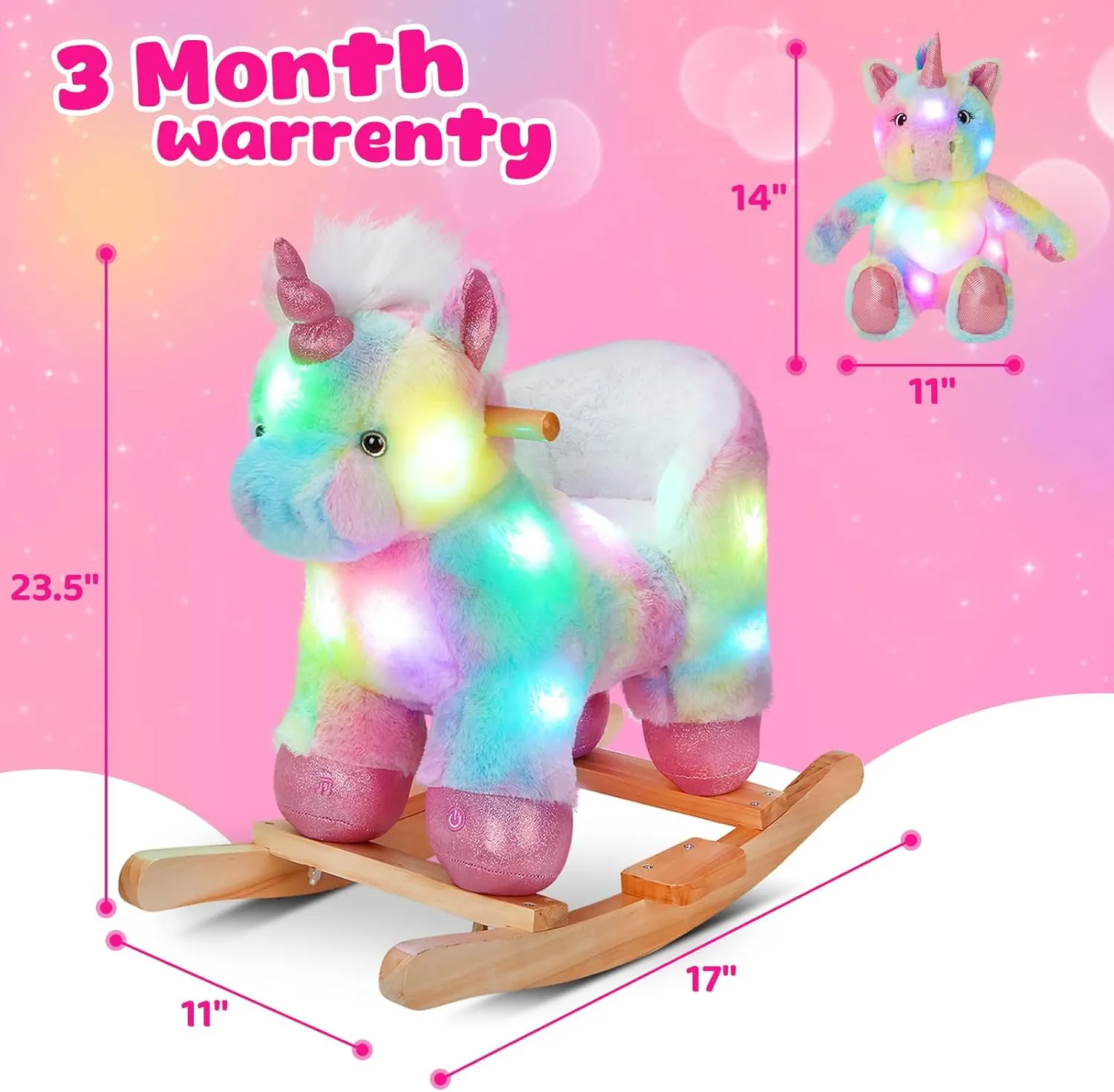 Glow Guards Rainbow Unicorn Rocking Horse with Chair Muical Light up Unicorn Stuffed Animal for Ages 1-3 Toddlers Kids Babies Ride Toy Birthday Christmas