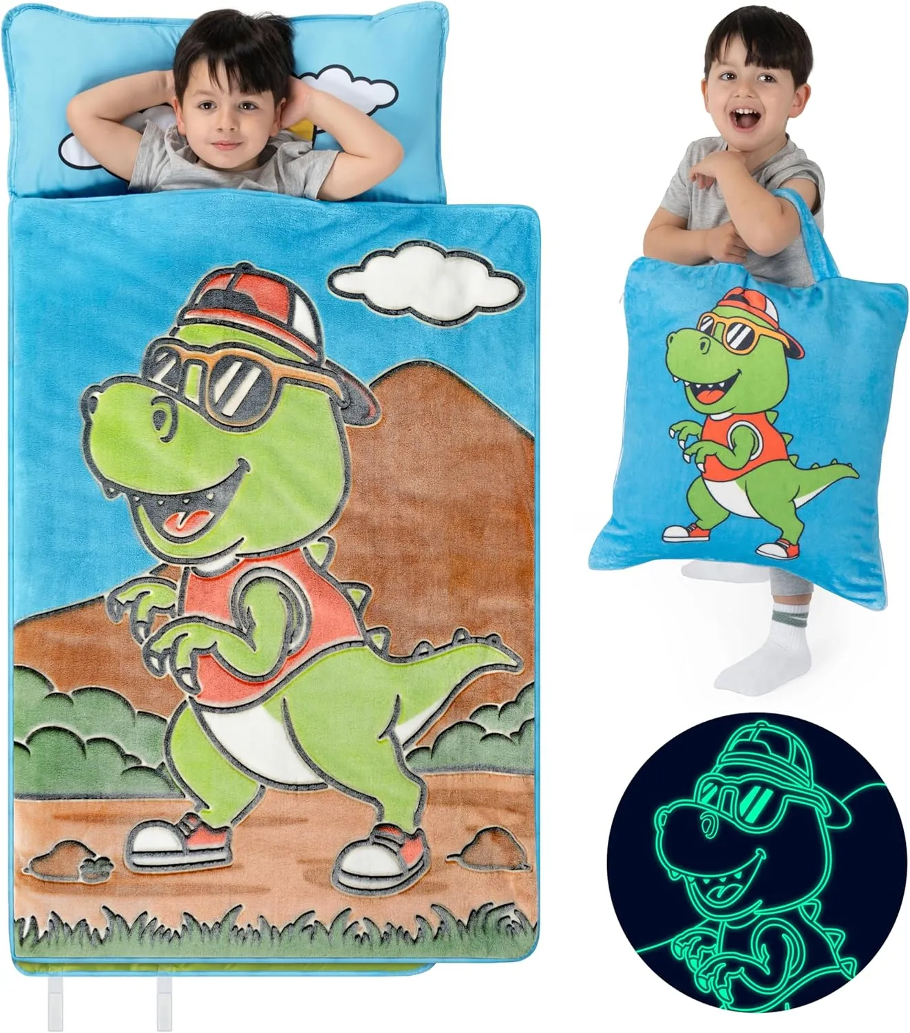 Glow in The Dark Kids Nap Mat - Nap Mats for Preschool, Toddler Sleeping Bag with Pillow and Blanket, Fun Dinosaur & Unicorn Designs, Ages 2-8 Years
