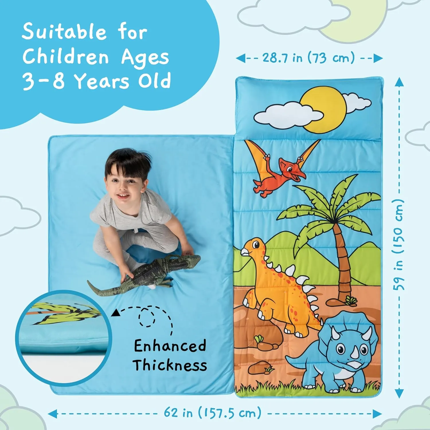 Glow in The Dark Kids Nap Mat - Nap Mats for Preschool, Toddler Sleeping Bag with Pillow and Blanket, Fun Dinosaur & Unicorn Designs, Ages 2-8 Years