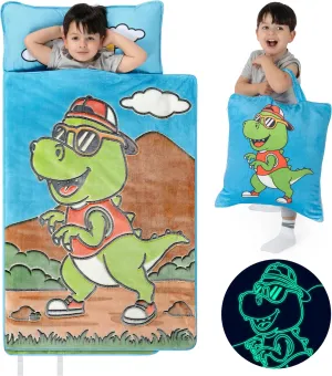 Glow in The Dark Kids Nap Mat - Nap Mats for Preschool, Toddler Sleeping Bag with Pillow and Blanket, Fun Dinosaur & Unicorn Designs, Ages 2-8 Years