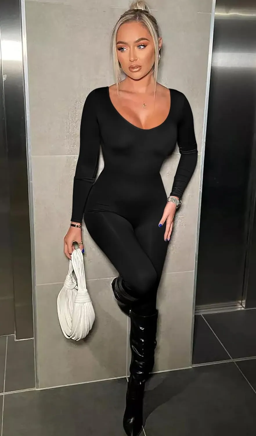 GOBLES Women's Sexy Long Sleeve High Waist Zipper Back Bodycon Jumpsuit Rompers