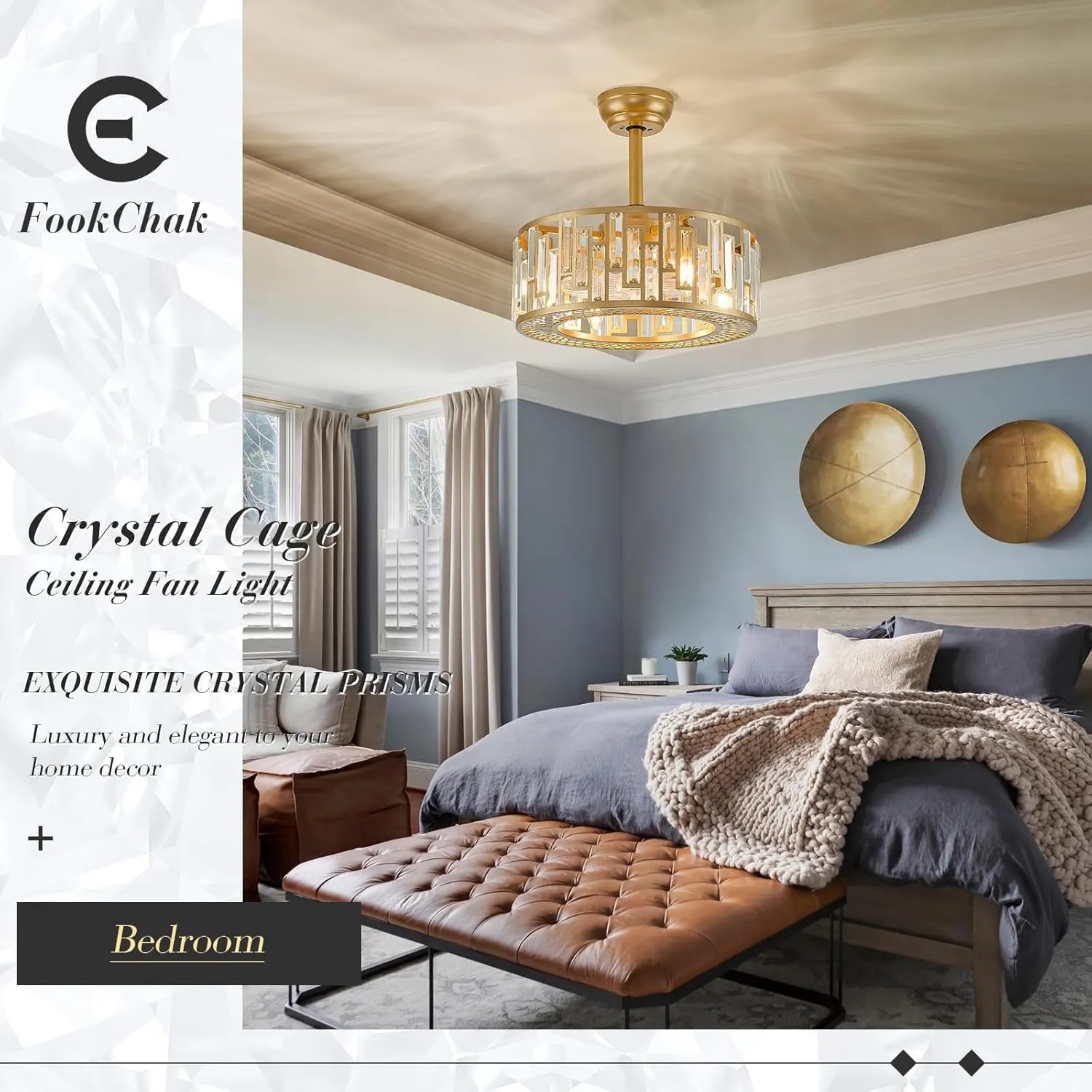 Gold Crystal Fandelier Kitchen Caged Ceiling Fan Light for Bedroom with Remote Control Modern Bladeless Brass Ceiling Fan Lighting Fixture for Dining Room Living Room