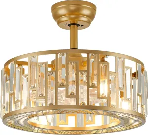 Gold Crystal Fandelier Kitchen Caged Ceiling Fan Light for Bedroom with Remote Control Modern Bladeless Brass Ceiling Fan Lighting Fixture for Dining Room Living Room