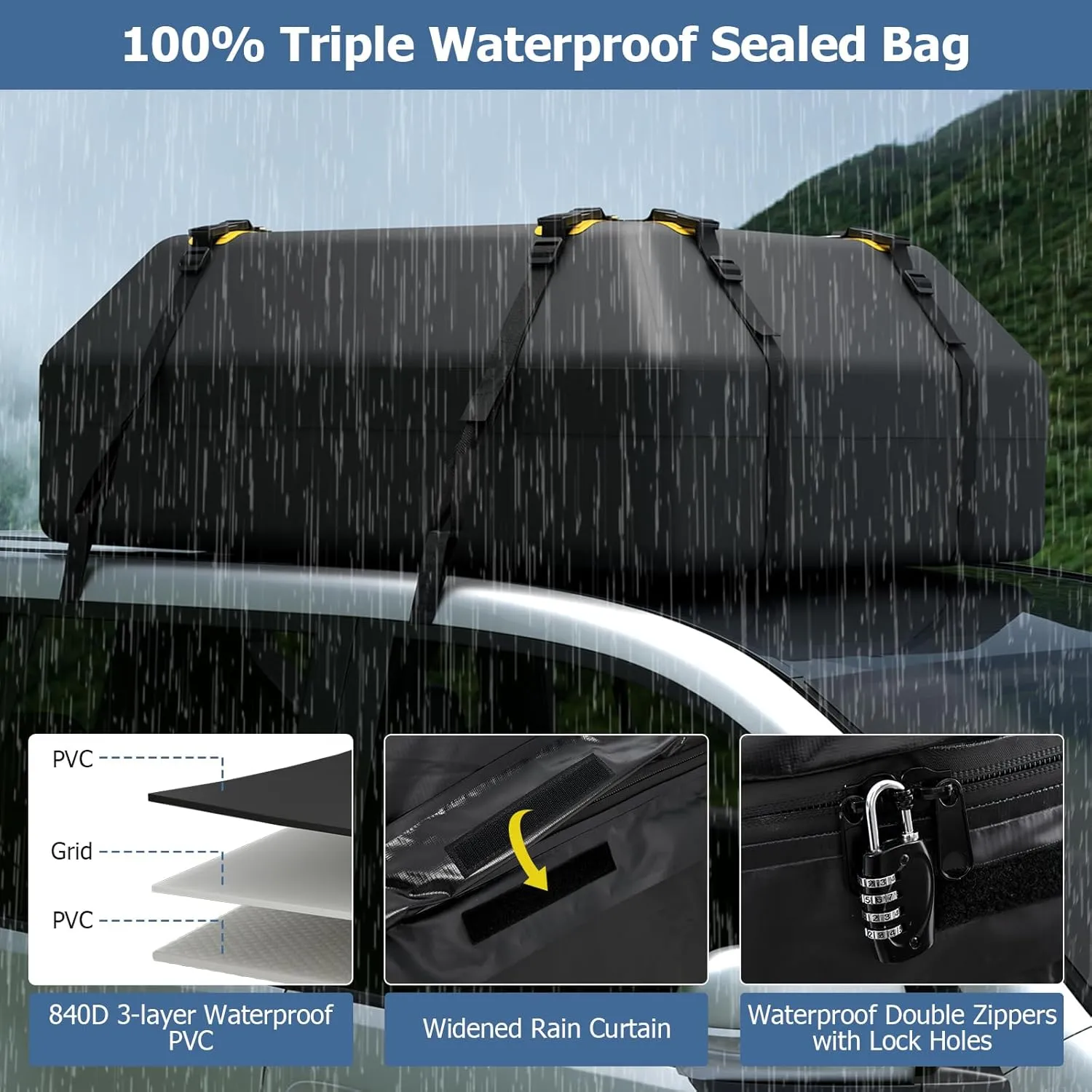 Goplus 15 Cu.Ft Roof Bag Cargo Carrier, Roof Top Luggage Bag for All Vehicles with/Without Roof Racks, Non-Slip Mat, Digital Lock, Waterproof Roof Bag for Various Cars w/6 Door Hooks (15 Cu.Ft)