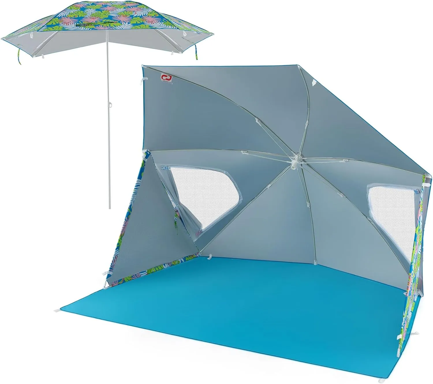 Goplus Convertible Beach Tent for 2-4 People, 2-in-1 Sun Umbrella with Roll-Up Windows, Dual Side Flaps, Groundsheet & Carry Bag, UPF 50  Beach Shade Shelter for Camping, Picnic & Sports Events