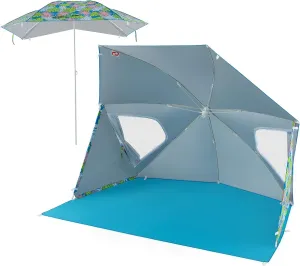Goplus Convertible Beach Tent for 2-4 People, 2-in-1 Sun Umbrella with Roll-Up Windows, Dual Side Flaps, Groundsheet & Carry Bag, UPF 50  Beach Shade Shelter for Camping, Picnic & Sports Events