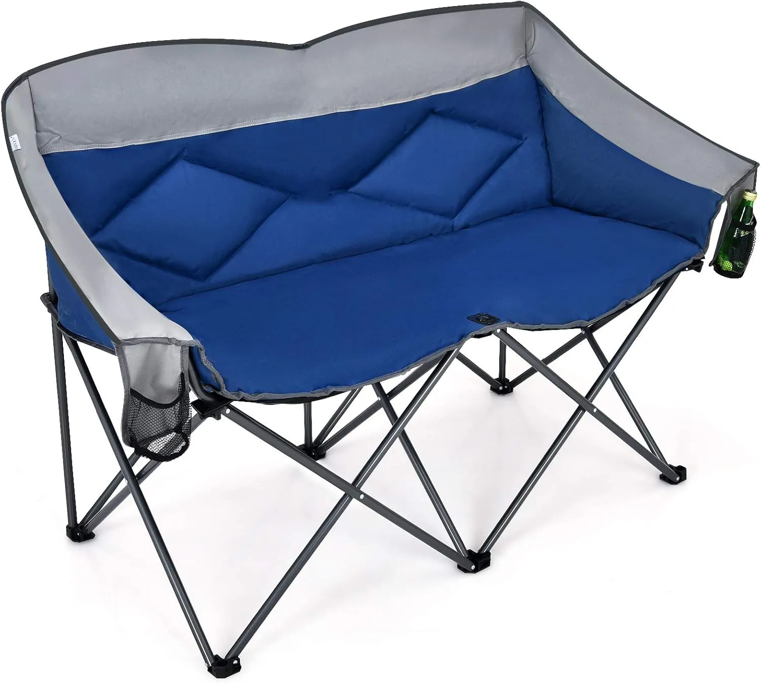 Goplus Loveseat Camping Chair, Double Folding Chair for Adults Couples w/Storage Bags & Padded High Backrest, Oversize Camp Seat for Fishing Picnic (Blue)