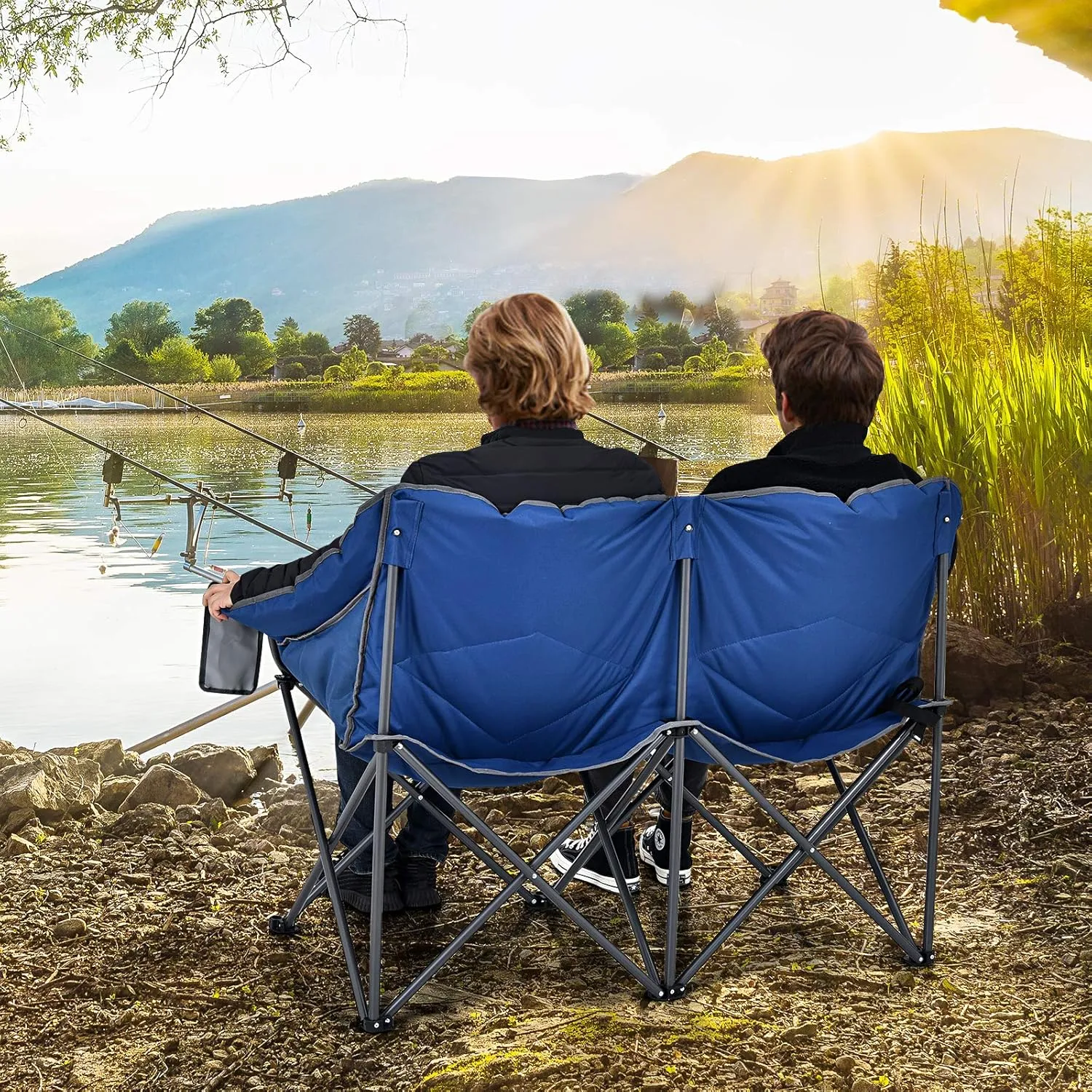 Goplus Loveseat Camping Chair, Double Folding Chair for Adults Couples w/Storage Bags & Padded High Backrest, Oversize Camp Seat for Fishing Picnic (Blue)