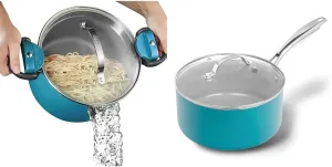 Gotham Steel 5 Quart Pasta Pot with Strainer Lid & 3 Quart Saucepan Bundle - Aqua Blue