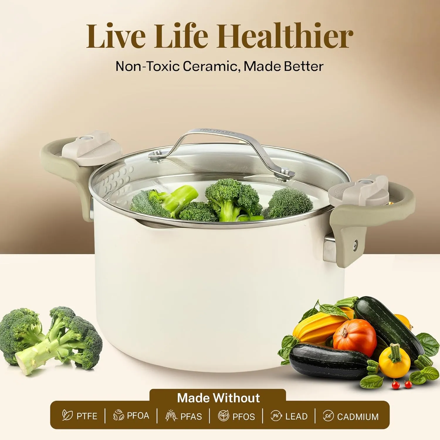 Gotham Steel 8 Qt Large Ceramic Stock Pot for Cooking, Multipurpose Pasta Pot with Strainer Lid for Spaghetti, Soup, Rice, Large Cooking Pots with Lids and Twist & Lock Handles, Dishwasher Safe