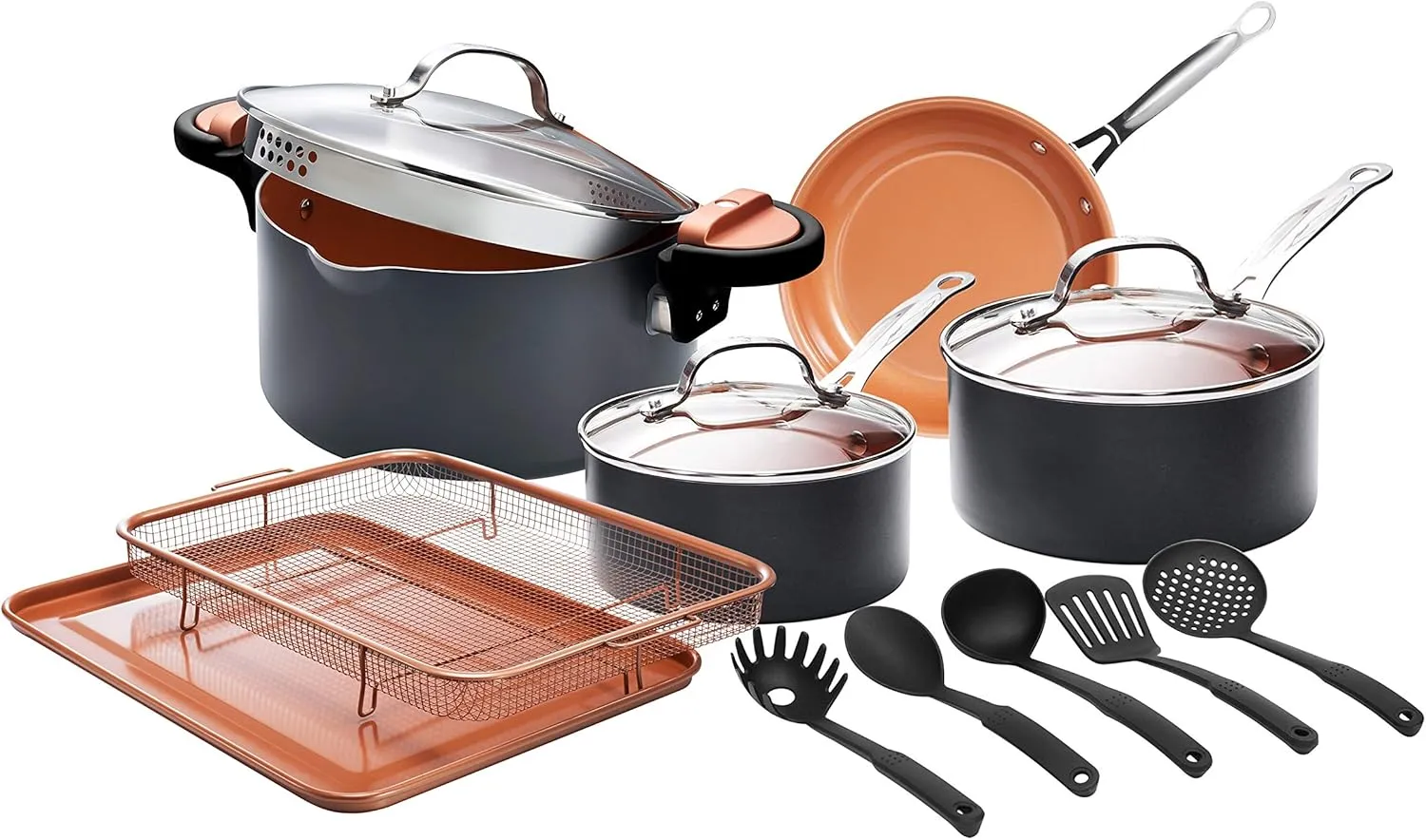 Gotham Steel Home Kitchen Pots and Pans Set Ultra Nonstick 14 Piece Cookware Set - Includes Sauce Pans, Frying Pan Stock Pot, Oven Air Fry Basket, Chefs Utensils & More – Dishwasher Safe