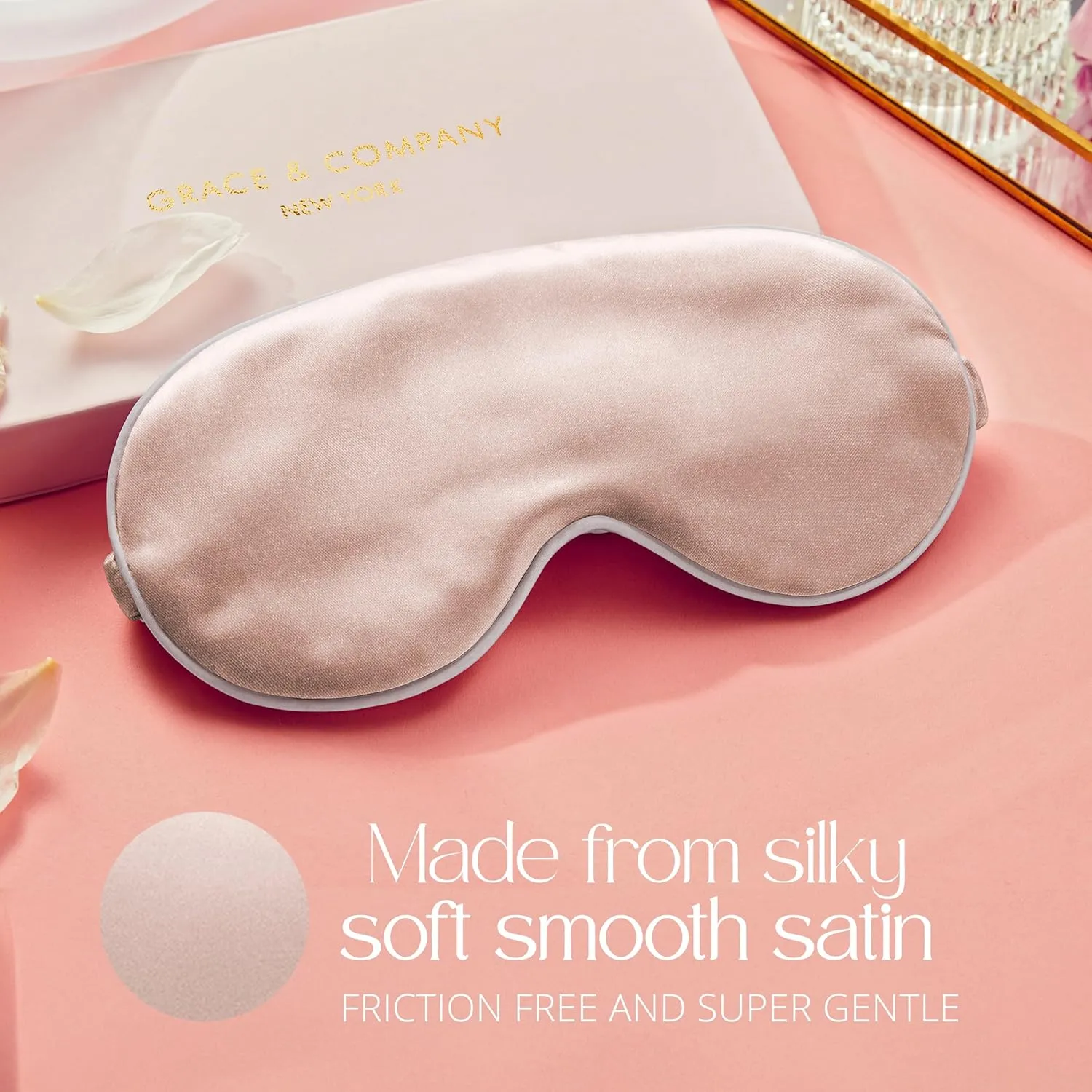 Grace & Company Silky Satin Eye Mask for Women - Premium Pink Satin Silk Sleep Mask - Hydrating, Ultra Soft & Lightweight Vegan Sleeping Mask - Peony