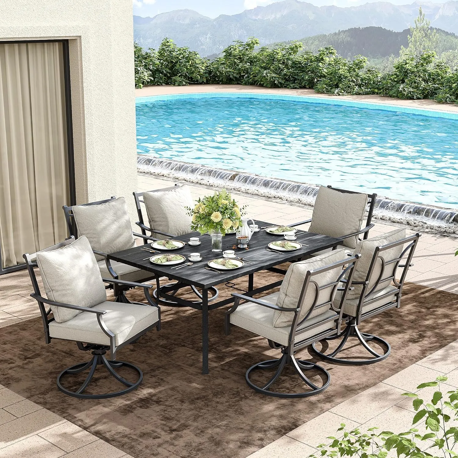 Grand patio Dining Chairs Set of 6，Outdoor Swivel Patio Dining Chairs Set of 6，Swivel Rocker Dining Chair，Outdoor Dining Chairs with Grey Cushions, Patio Chairs for Outside, Garden Lawn Porch