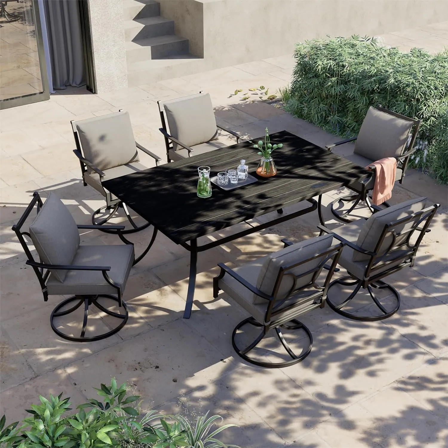 Grand patio Dining Chairs Set of 6，Outdoor Swivel Patio Dining Chairs Set of 6，Swivel Rocker Dining Chair，Outdoor Dining Chairs with Grey Cushions, Patio Chairs for Outside, Garden Lawn Porch