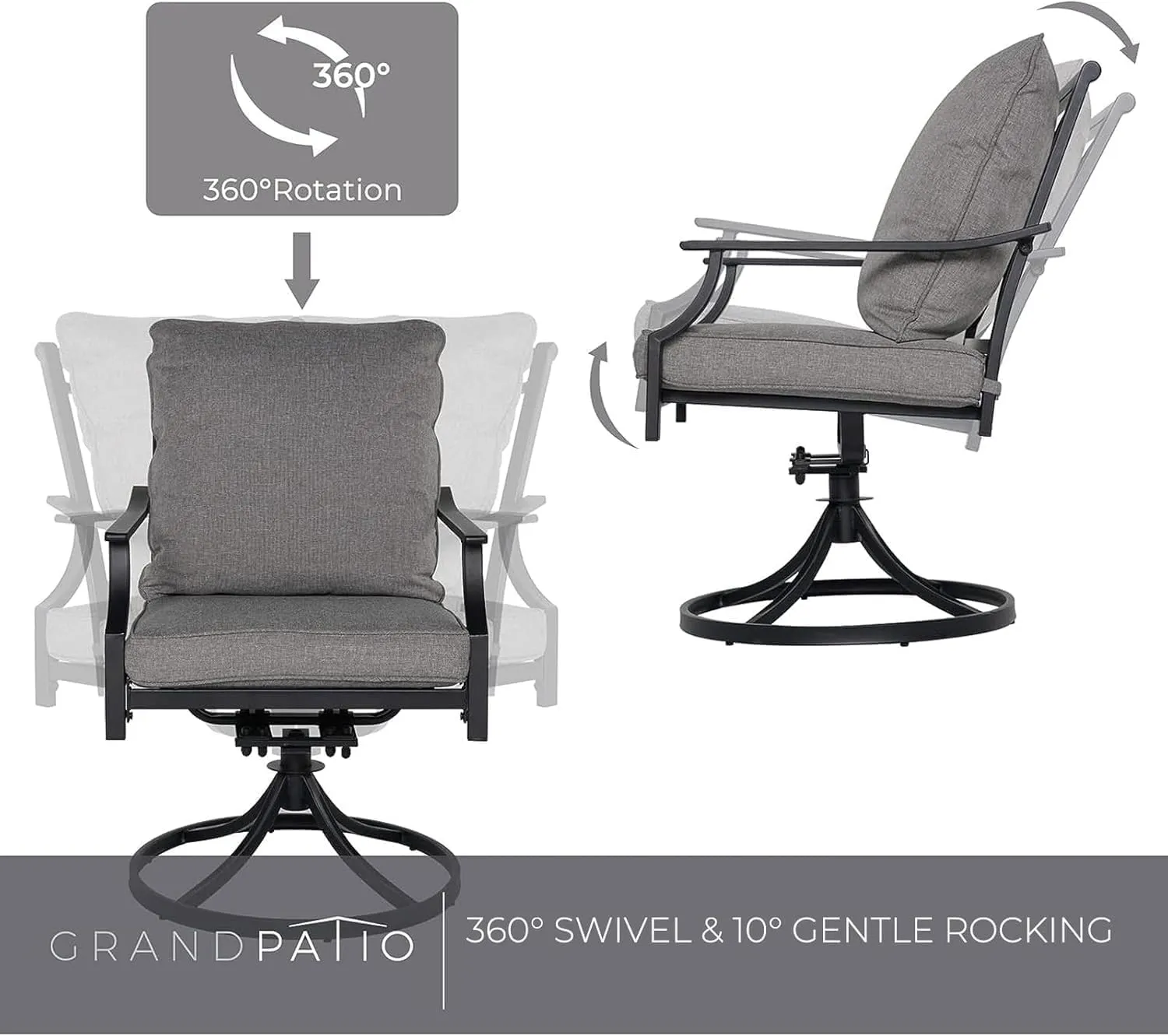 Grand patio Dining Chairs Set of 6，Outdoor Swivel Patio Dining Chairs Set of 6，Swivel Rocker Dining Chair，Outdoor Dining Chairs with Grey Cushions, Patio Chairs for Outside, Garden Lawn Porch