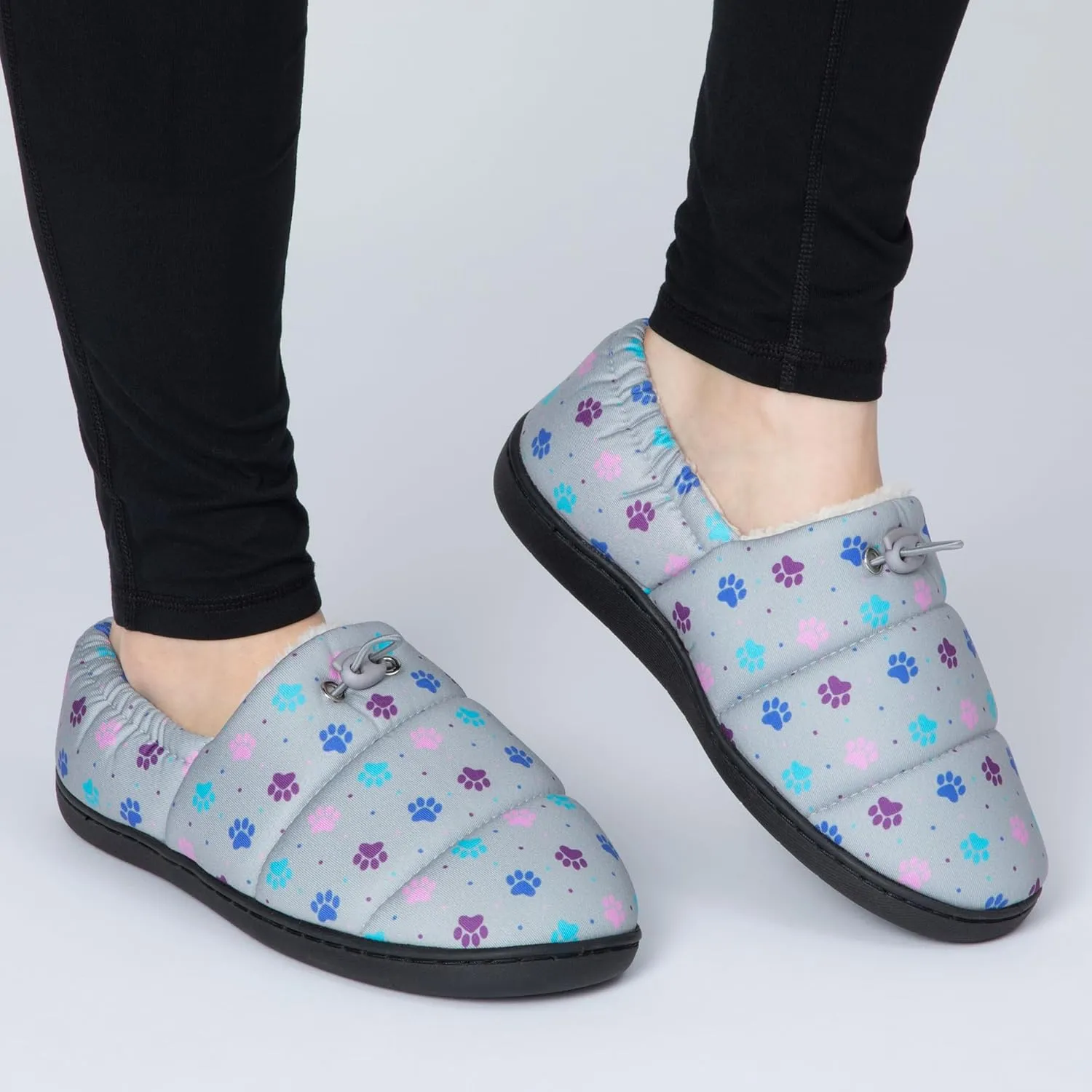 GreaterGood Paw Print Puffy Fleece-Lined Slippers with Toggle