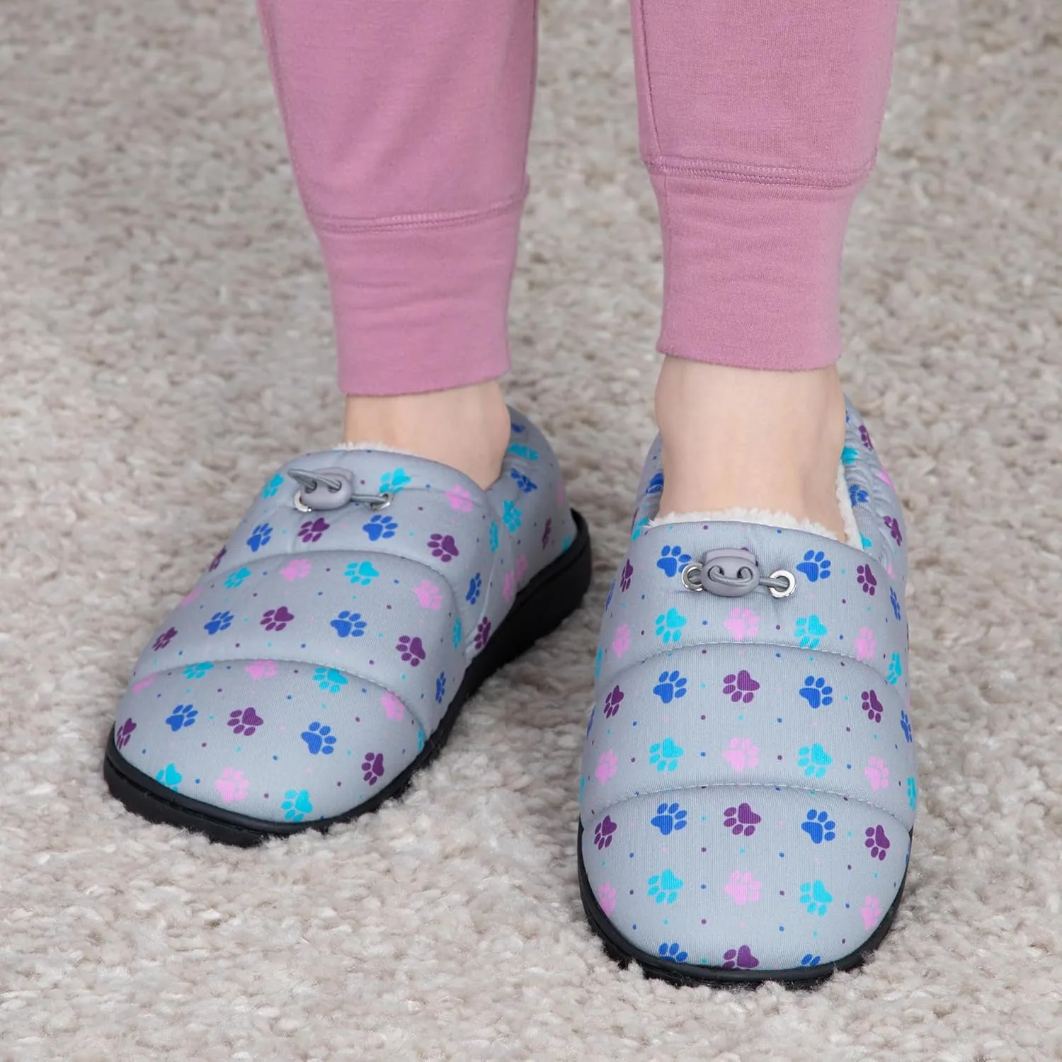 GreaterGood Paw Print Puffy Fleece-Lined Slippers with Toggle