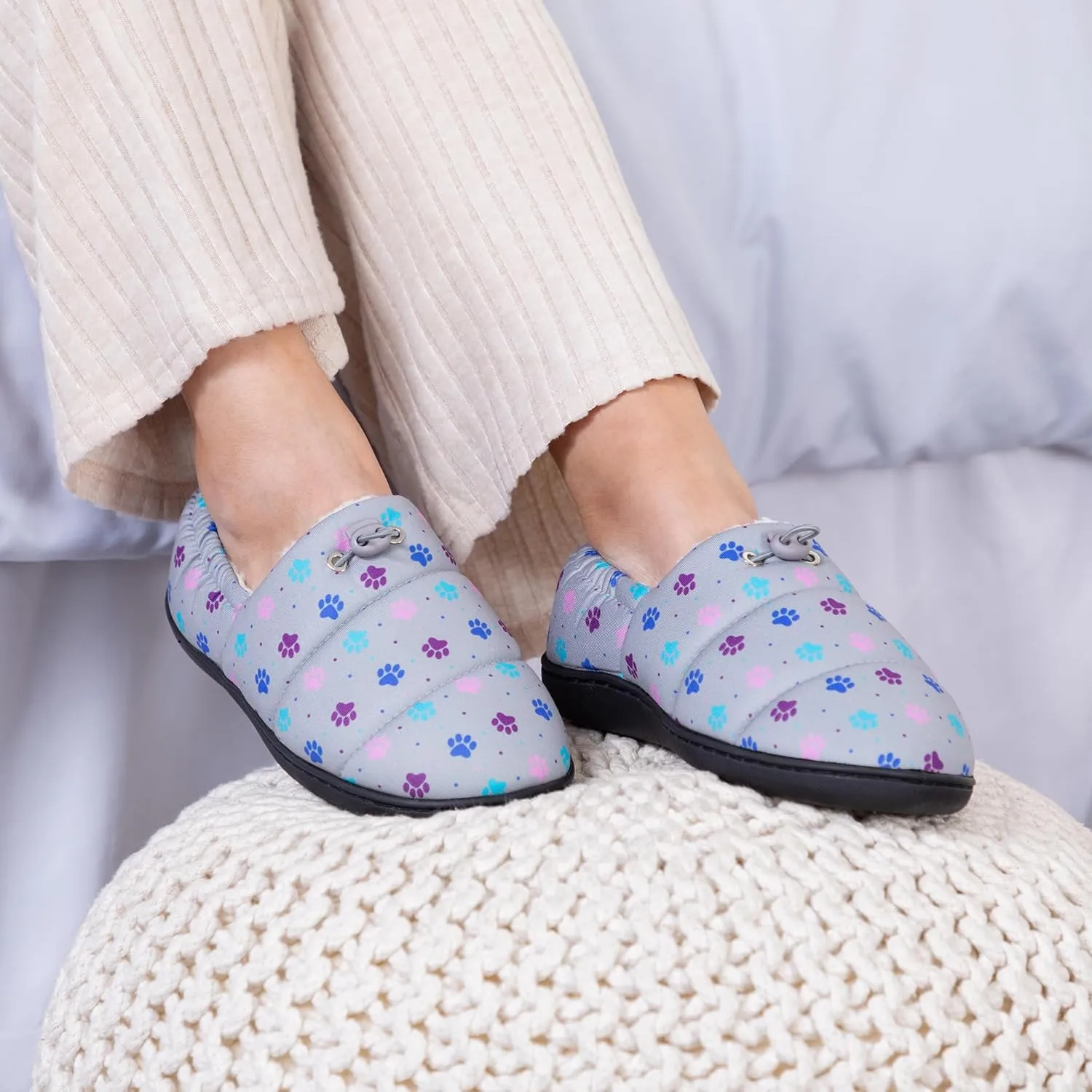 GreaterGood Paw Print Puffy Fleece-Lined Slippers with Toggle