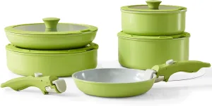 Green Non Stick Pot and Pan Sets with Removable Handle, Ceramic Cookware Set Detachable Handle, Induction Kitchen Camping Stackable Pots Pans, Dishwasher/Oven Safe, Avocado, PTFE/PFOA/PFOS Free