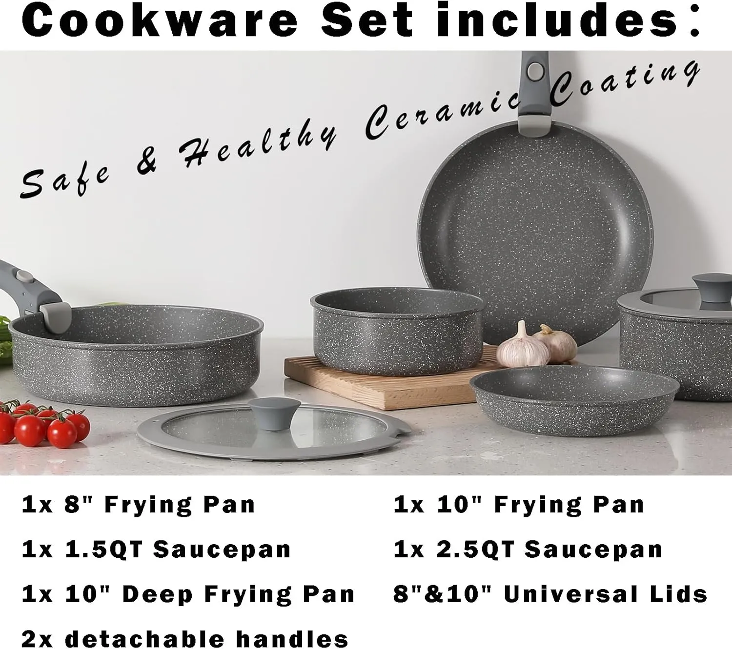 Green Non Stick Pot and Pan Sets with Removable Handle, Ceramic Cookware Set Detachable Handle, Induction Kitchen Camping Stackable Pots Pans, Dishwasher/Oven Safe, Avocado, PTFE/PFOA/PFOS Free