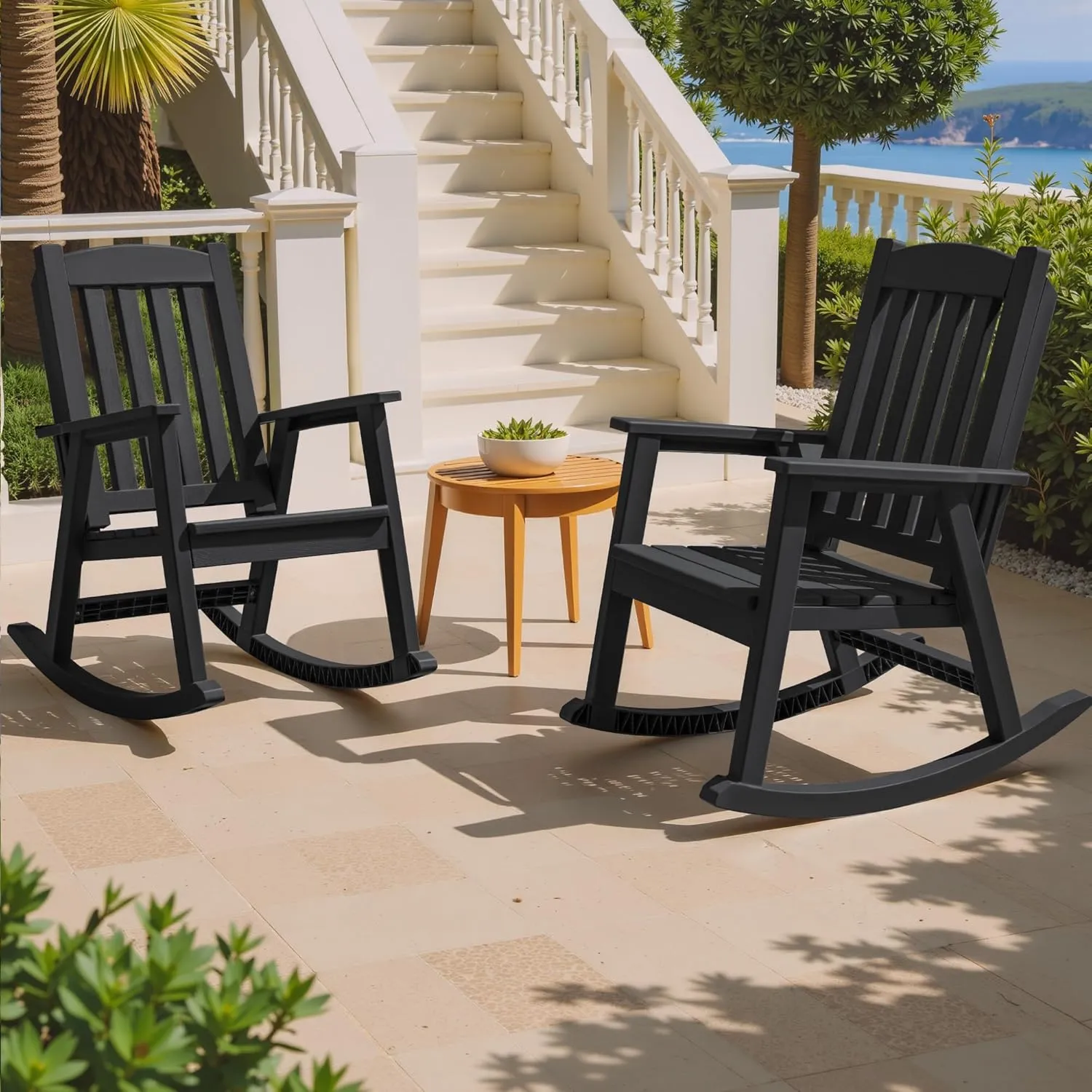 Greesum Set of 2 HDPE Outdoor Rocking Chair, 300lbs All-Weather Patio Rocker, Rust-Proof & UV-Resistant, Comfortable Smooth Glide for Deck, Porch, Lawn, or Garden, Black