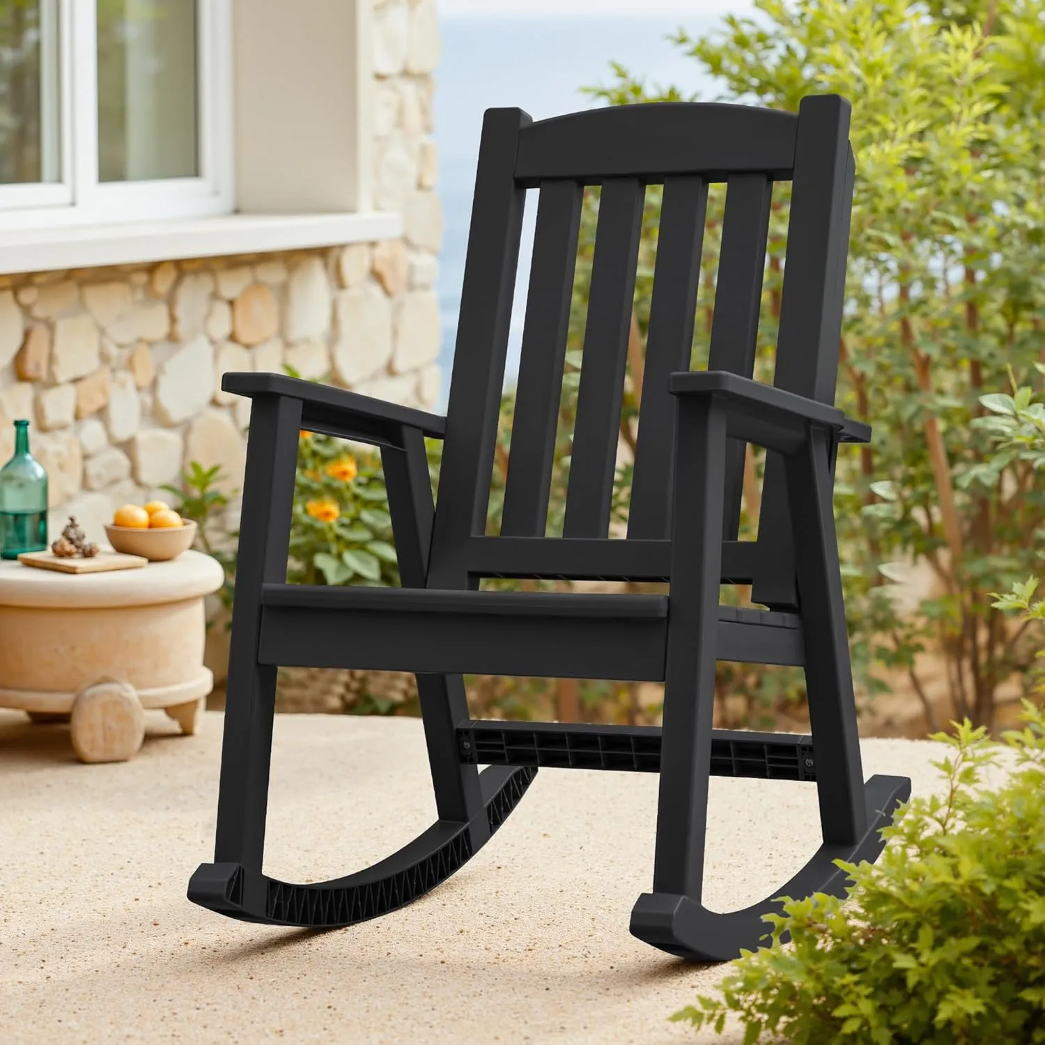 Greesum Set of 2 HDPE Outdoor Rocking Chair, 300lbs All-Weather Patio Rocker, Rust-Proof & UV-Resistant, Comfortable Smooth Glide for Deck, Porch, Lawn, or Garden, Black