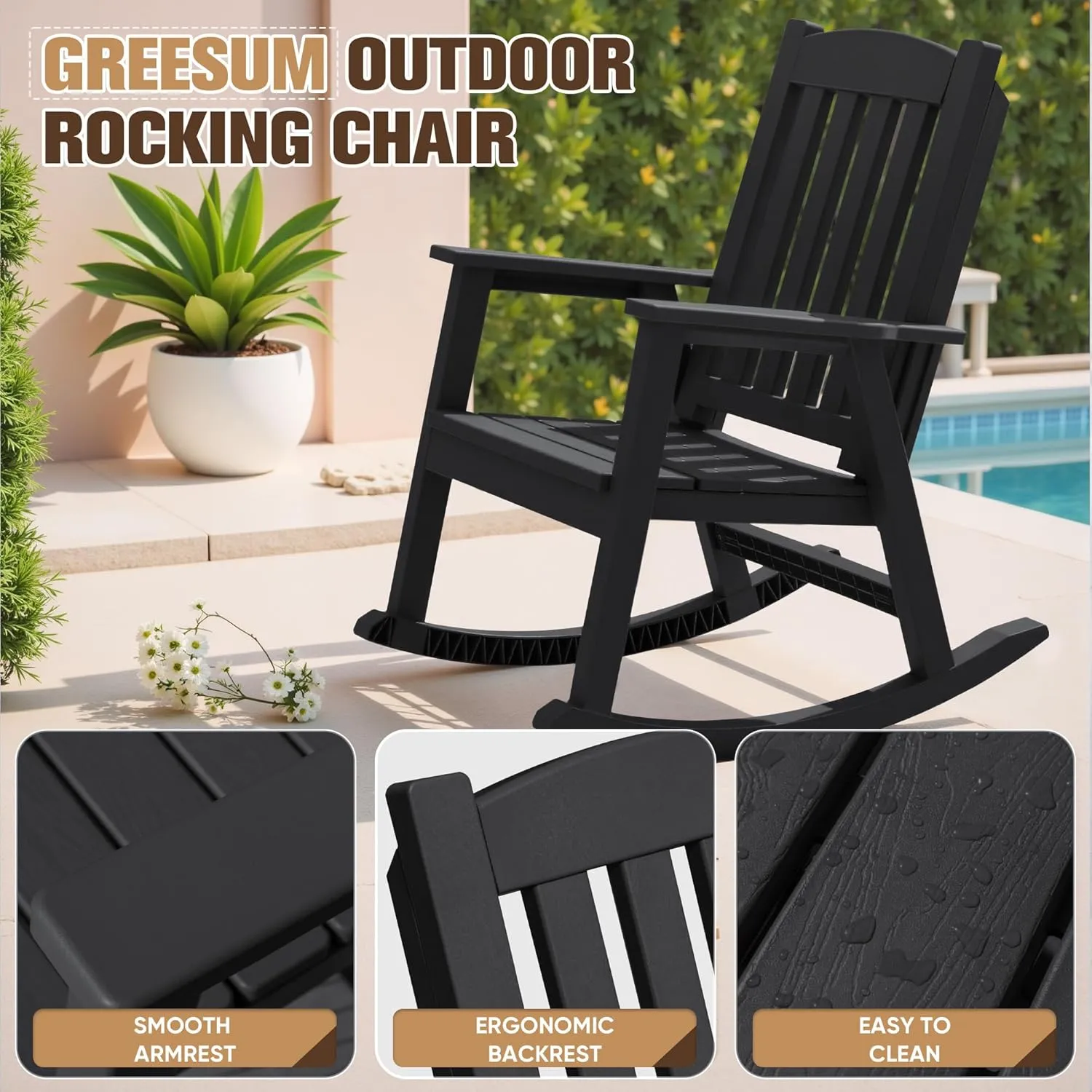 Greesum Set of 2 HDPE Outdoor Rocking Chair, 300lbs All-Weather Patio Rocker, Rust-Proof & UV-Resistant, Comfortable Smooth Glide for Deck, Porch, Lawn, or Garden, Black