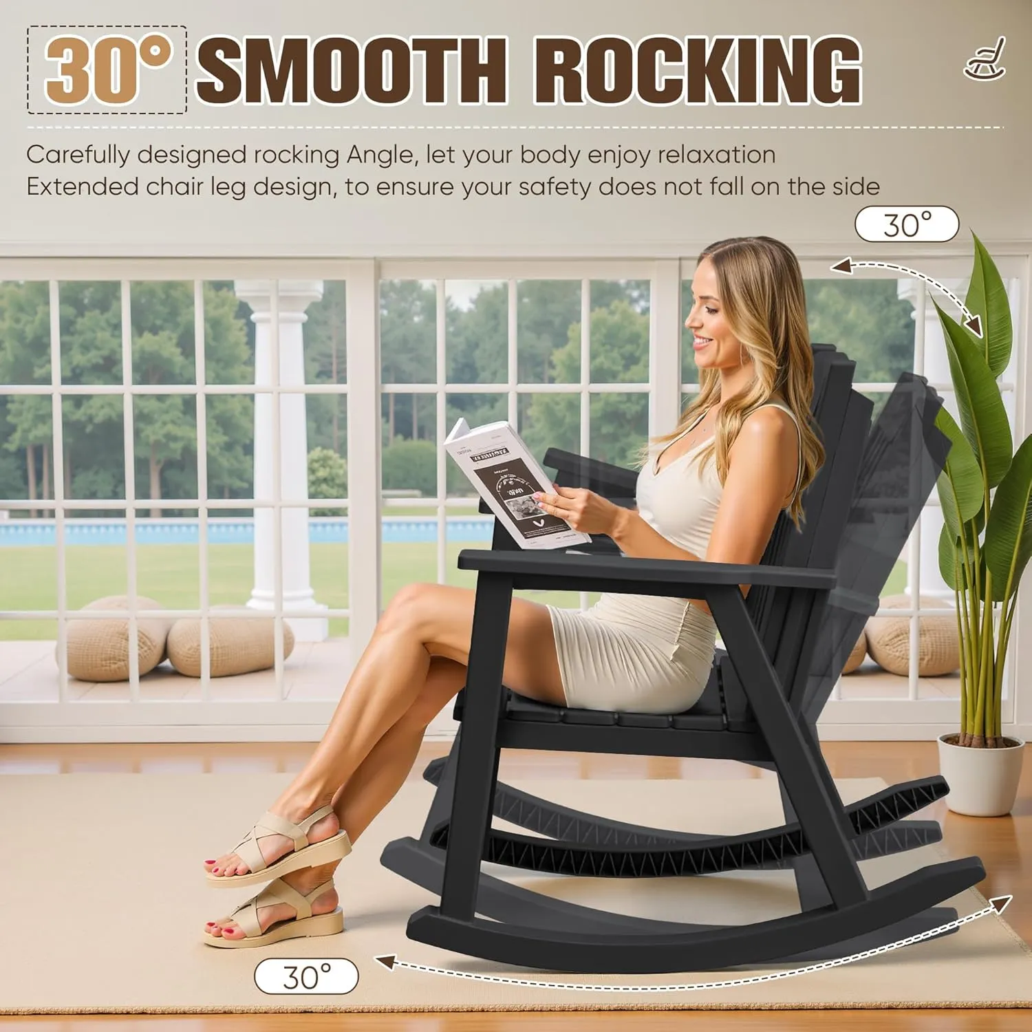 Greesum Set of 2 HDPE Outdoor Rocking Chair, 300lbs All-Weather Patio Rocker, Rust-Proof & UV-Resistant, Comfortable Smooth Glide for Deck, Porch, Lawn, or Garden, Black