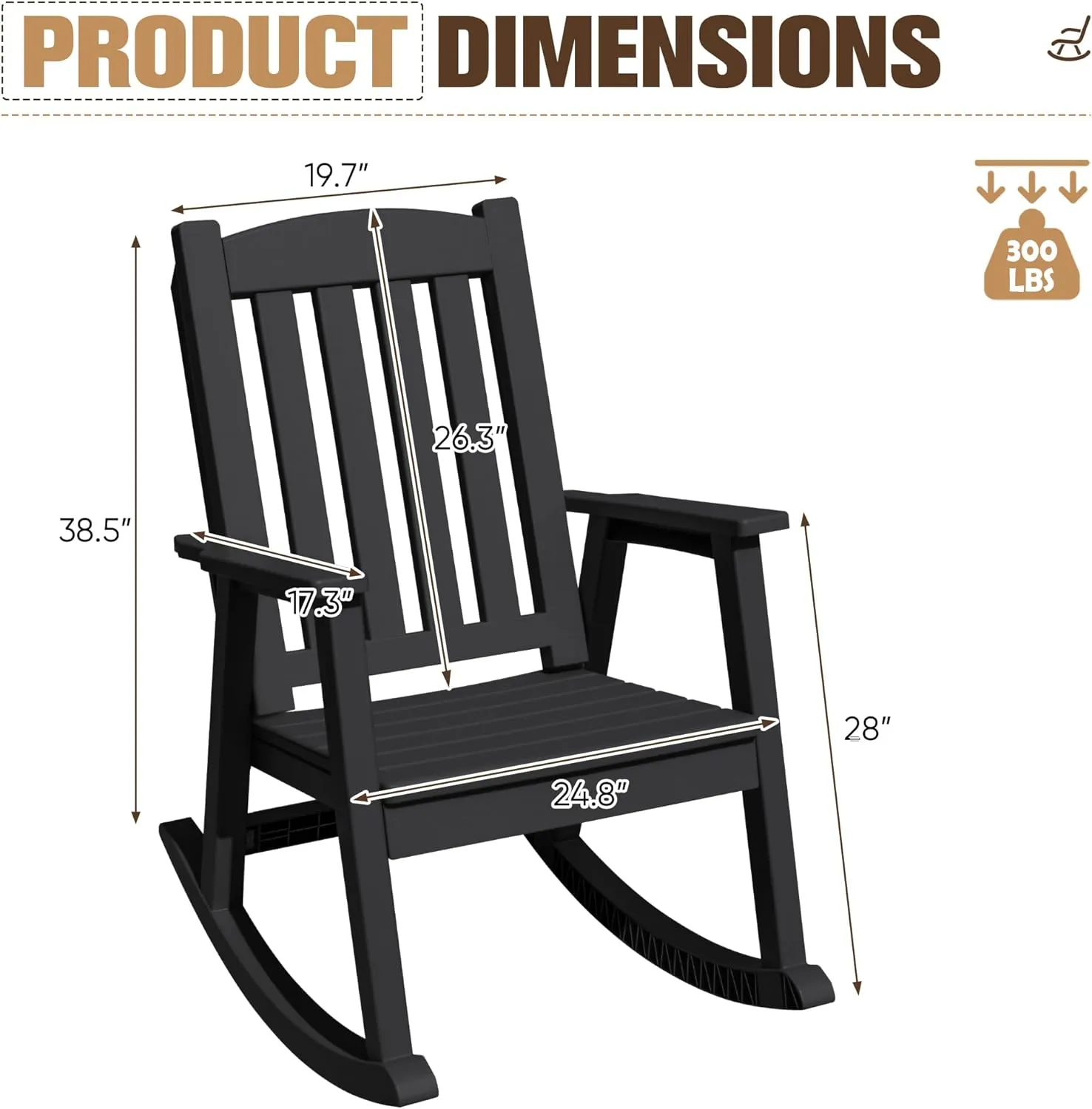Greesum Set of 2 HDPE Outdoor Rocking Chair, 300lbs All-Weather Patio Rocker, Rust-Proof & UV-Resistant, Comfortable Smooth Glide for Deck, Porch, Lawn, or Garden, Black