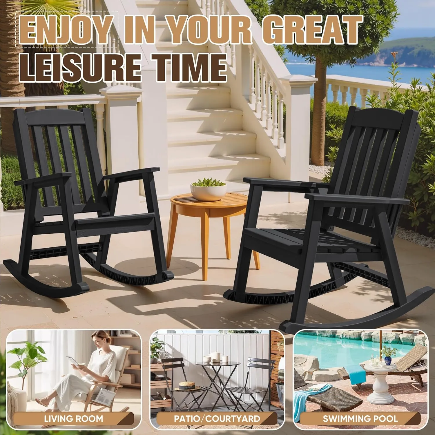 Greesum Set of 2 HDPE Outdoor Rocking Chair, 300lbs All-Weather Patio Rocker, Rust-Proof & UV-Resistant, Comfortable Smooth Glide for Deck, Porch, Lawn, or Garden, Black