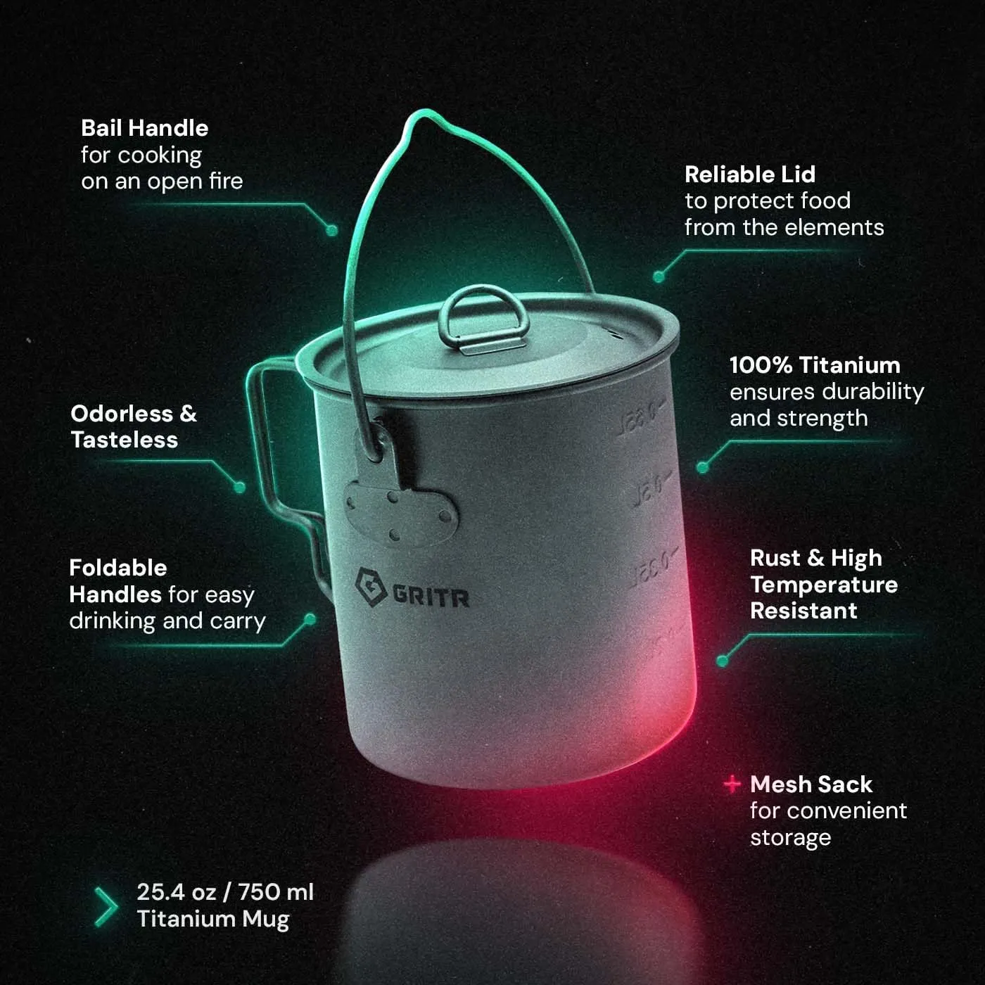 GRITR Titanium Mug, 15.2 fl oz / 25.4 fl oz | Camping, Backpacking, Picnic, Hiking, Travel, Outdoor Cooking Gear w/Lid & Folding Handles | Ultralight Multi-Purpose Metal Cup for Water, Coffee, Tea