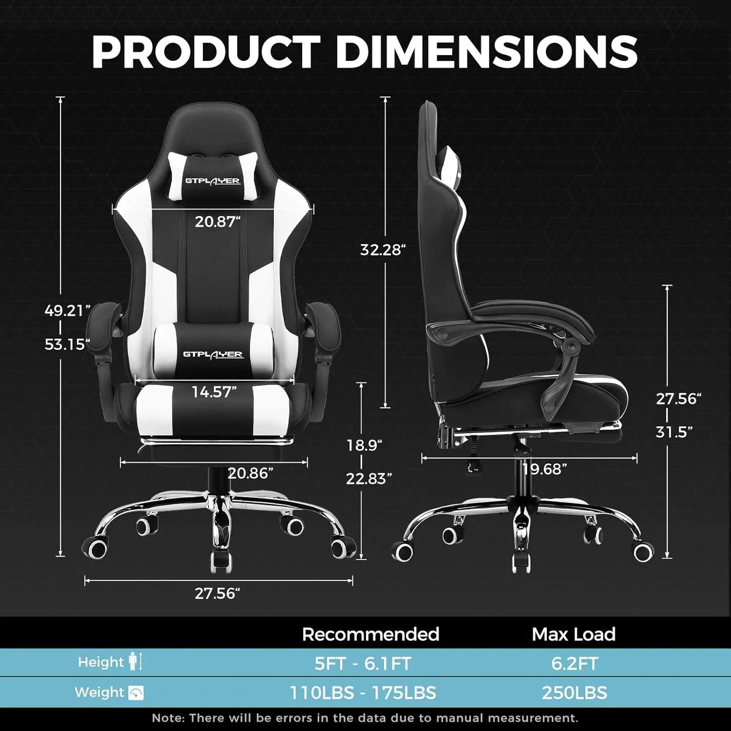 GTPLAYER Gaming Chair, Computer Chair with Footrest and Lumbar Support, Height Adjustable Game Chair with 360°-Swivel Seat and Headrest and for Office or Gaming (Fabric, Black & Light Gray)