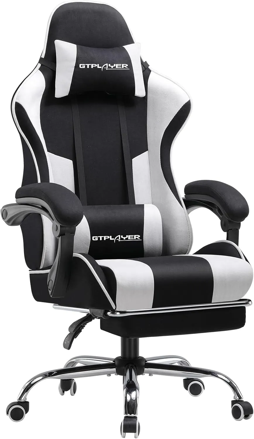 GTPLAYER Gaming Chair, Computer Chair with Footrest and Lumbar Support, Height Adjustable Game Chair with 360°-Swivel Seat and Headrest and for Office or Gaming (Fabric, Black & Light Gray)