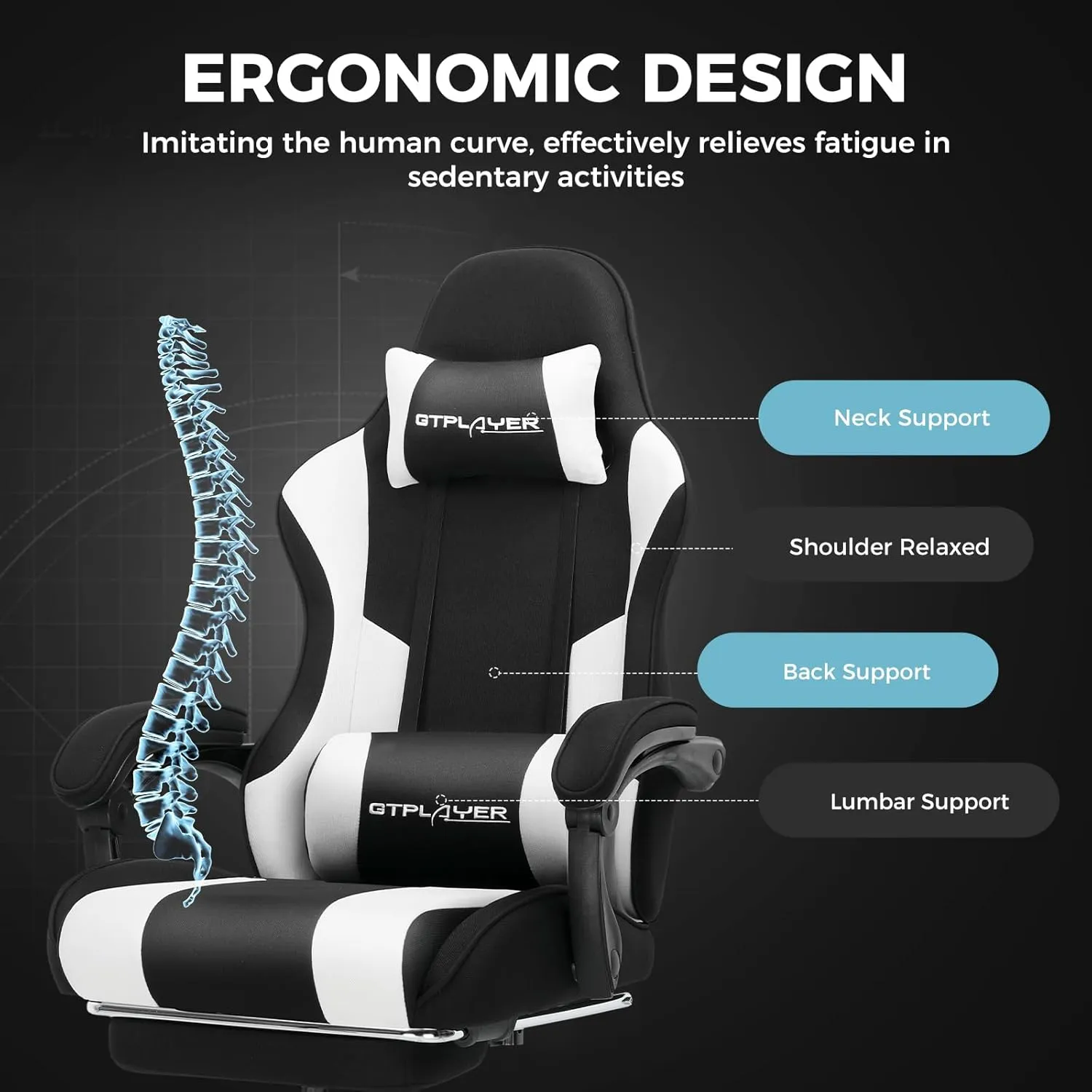GTPLAYER Gaming Chair, Computer Chair with Footrest and Lumbar Support, Height Adjustable Game Chair with 360°-Swivel Seat and Headrest and for Office or Gaming (Fabric, Black & Light Gray)