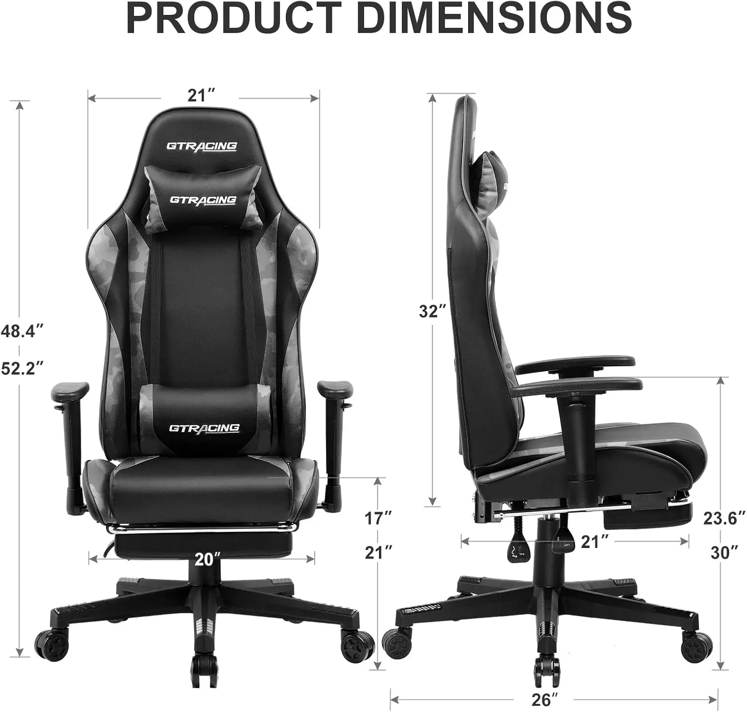 GTRACING Gaming Chair with Footrest, Ergonomic Computer Game Desk Chair, Reclining Gaming Chair Seat Height Adjustment, Swivel Rocker with Headrest and Lumbar (Camouflage)