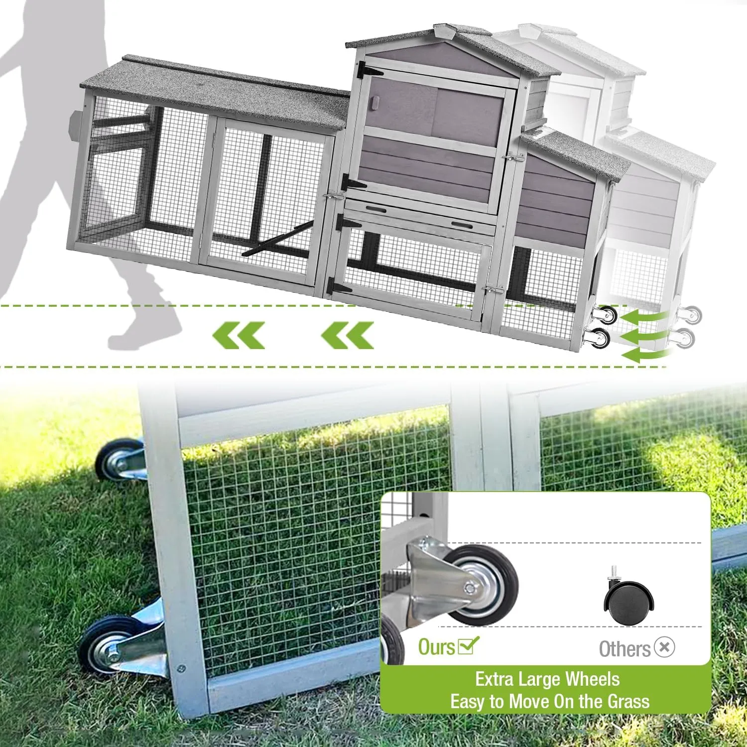 GUTINNEEN Chicken Coop with Chickens Mobile Hen House with Run Chicken House On Wheels Outdoor Poultry Cage Duck Coop,1 Unit