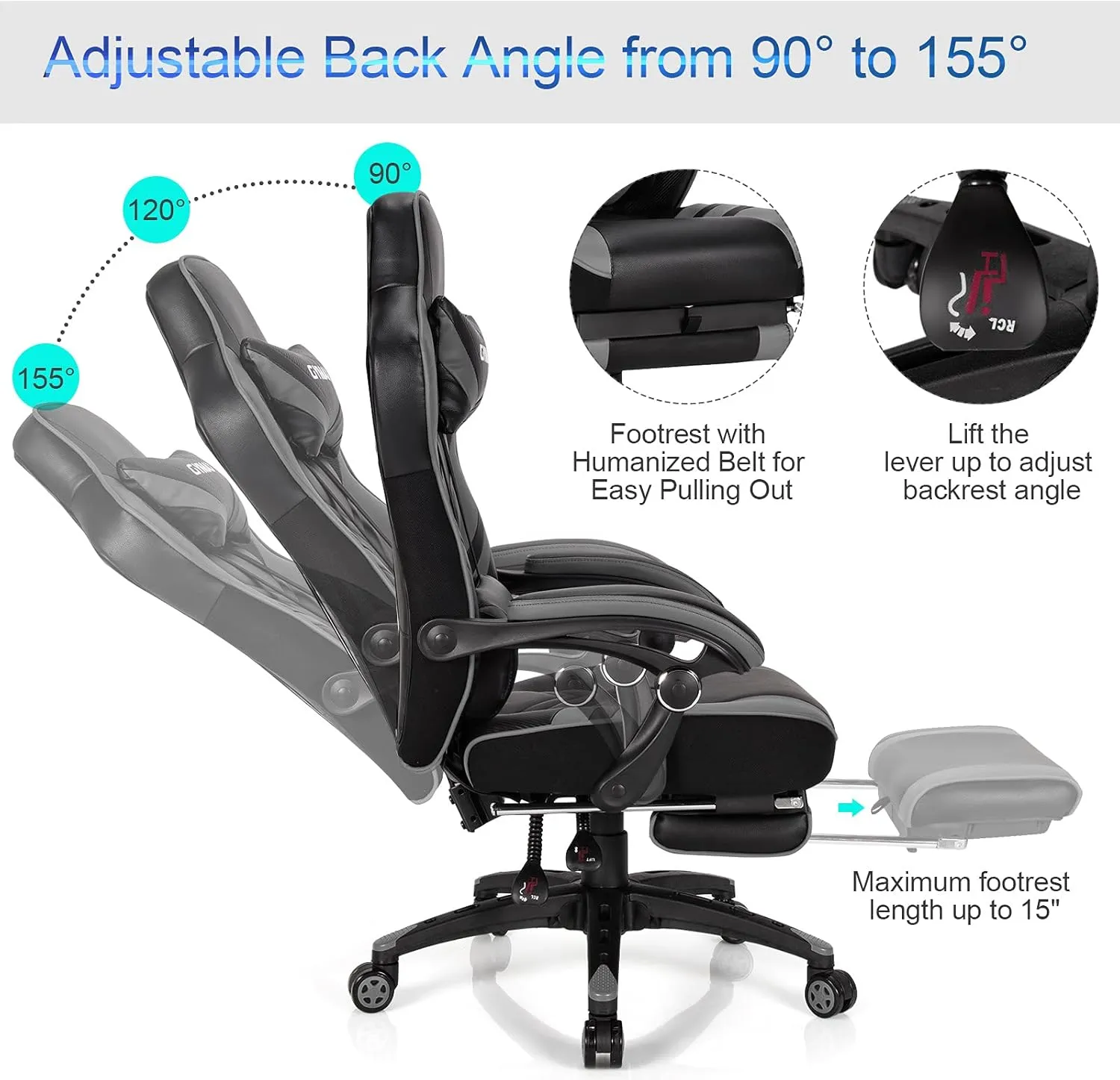 GYMAX Gaming Chair, Ergonomic Computer Chair with Footrest, Linkage Armrests & Lumbar Cushion, Big Wide High Back Video Gaming Chair, Reclining Office Rolling Chair for Adult/Teens (Gray)