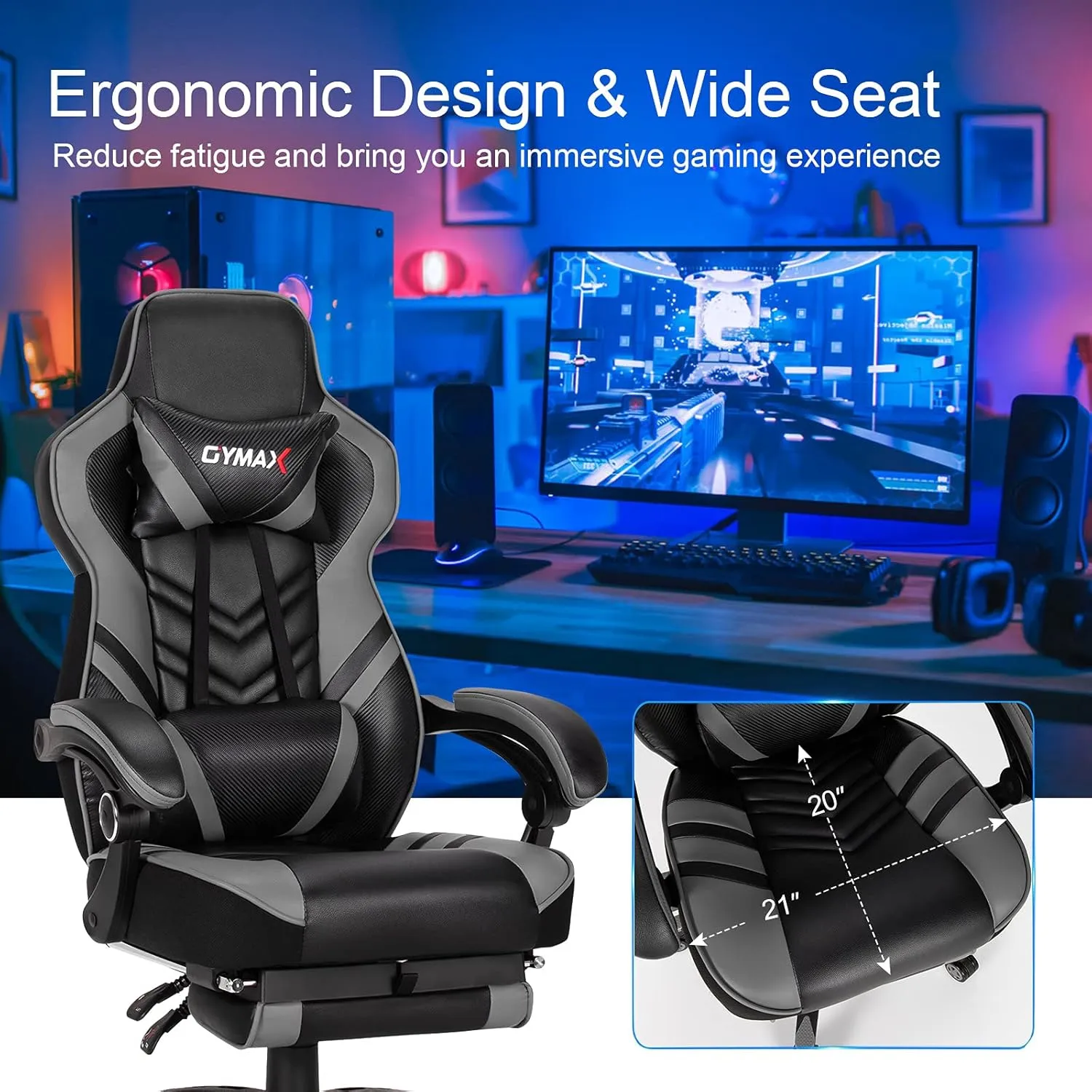 GYMAX Gaming Chair, Ergonomic Computer Chair with Footrest, Linkage Armrests & Lumbar Cushion, Big Wide High Back Video Gaming Chair, Reclining Office Rolling Chair for Adult/Teens (Gray)