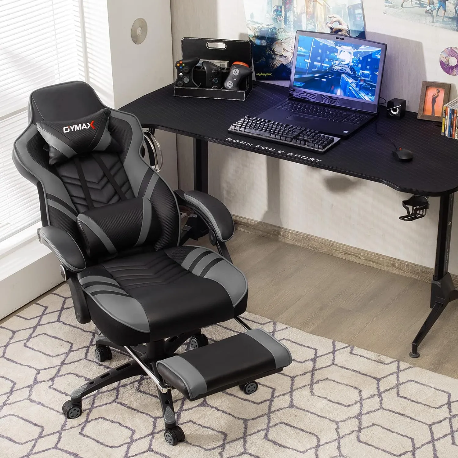 GYMAX Gaming Chair, Ergonomic Computer Chair with Footrest, Linkage Armrests & Lumbar Cushion, Big Wide High Back Video Gaming Chair, Reclining Office Rolling Chair for Adult/Teens (Gray)